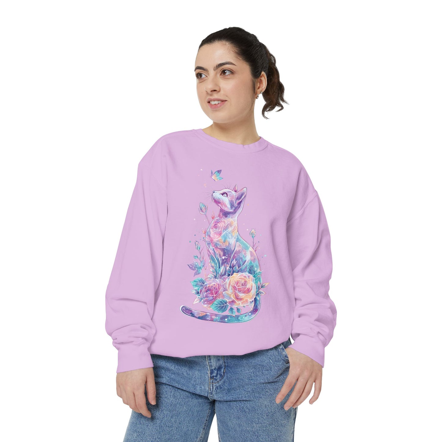 Colorful Cat Sweatshirt Comfort Colors, Galaxy Floral Cat Crewneck, Cute Cat Lover Gift, Pastel Aesthetic Pullover, Cozy Graphic Cat Jumper
