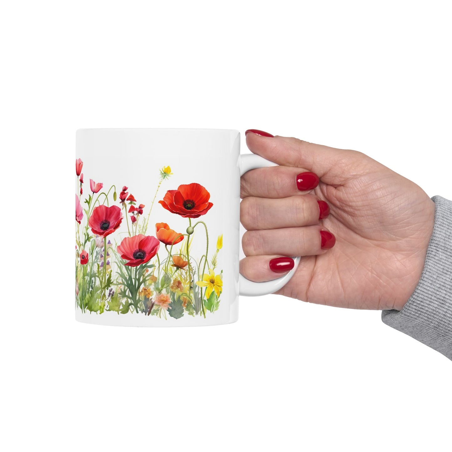 Poppy Meadow Ceramic Mug - Red Floral Coffee Cup, Nature Lover Mug, Botanical Drinkware, Mothers Day Gift for Mom, Kitchen Decor