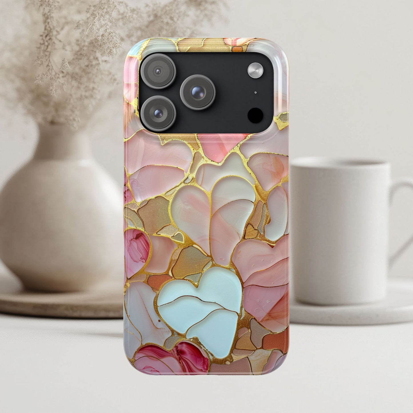 Celestial Stained Glass iPhone case for 17, 16, 15 Marble Heart Case Pink Phone Cover Shiny Gold Case Valentine Gift