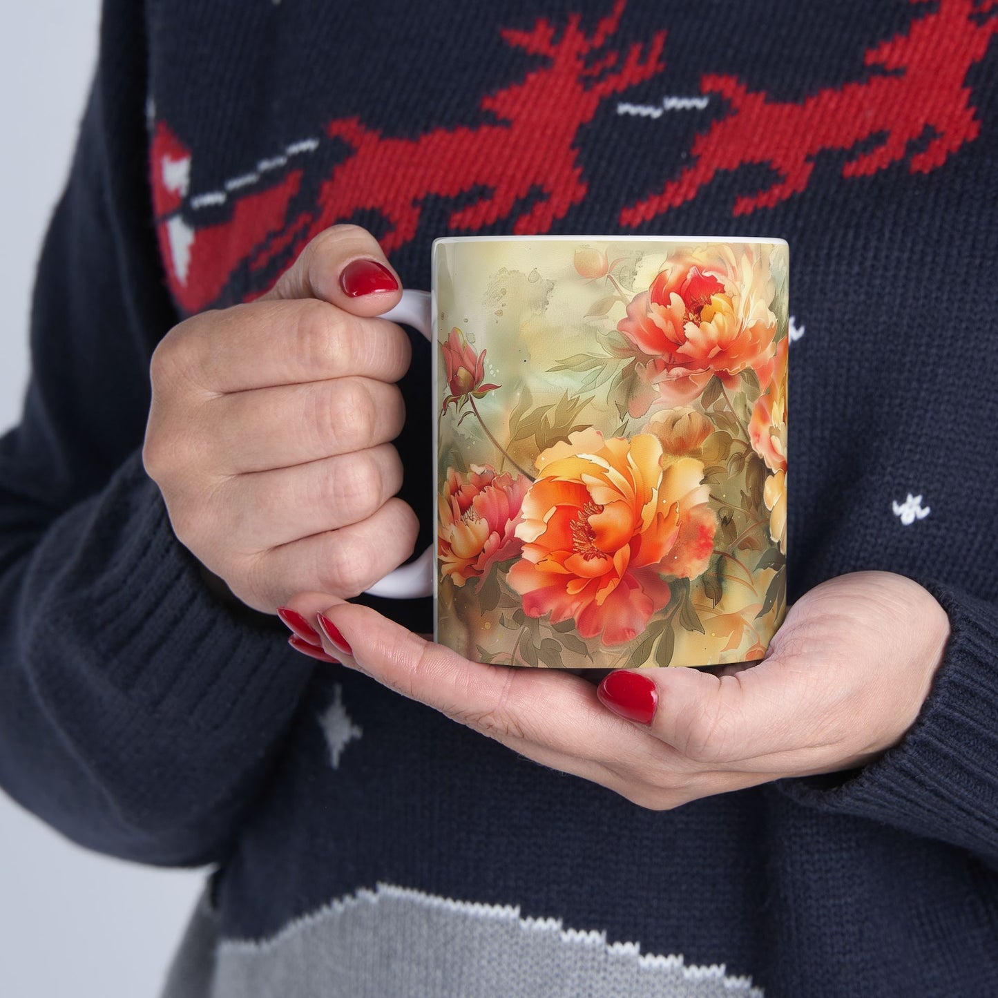 Vintage Peony Floral Mug - Elegant Flowers Watercolor Art, Design Gift for a Birthday Anniversary