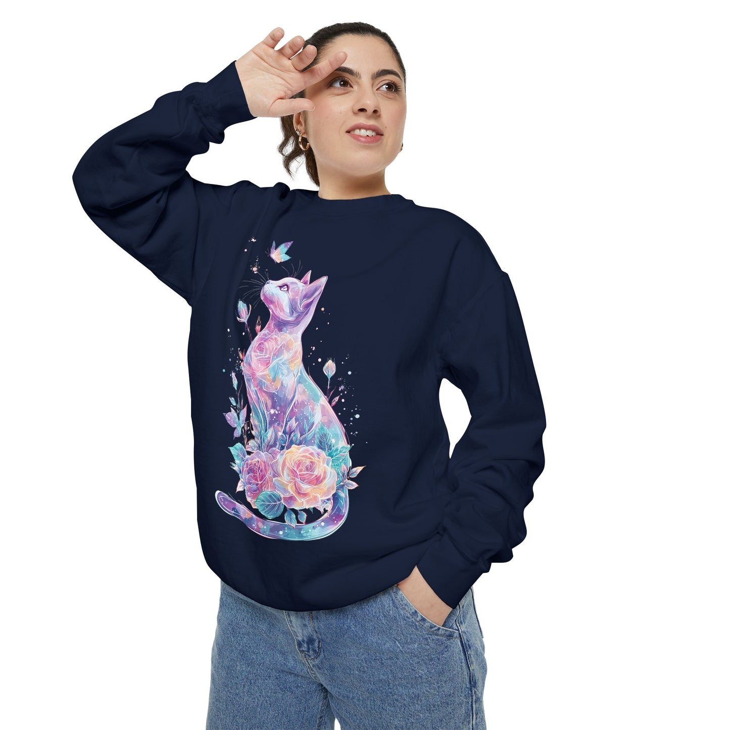 Colorful Cat Sweatshirt Comfort Colors, Galaxy Floral Cat Crewneck, Cute Cat Lover Gift, Pastel Aesthetic Pullover, Cozy Graphic Cat Jumper