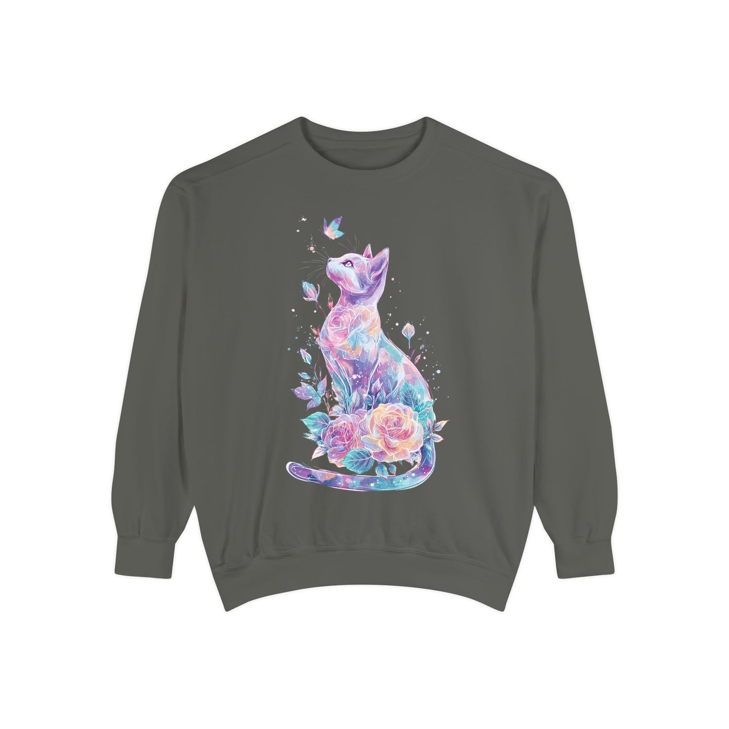 Colorful Cat Sweatshirt Comfort Colors, Galaxy Floral Cat Crewneck, Cute Cat Lover Gift, Pastel Aesthetic Pullover, Cozy Graphic Cat Jumper