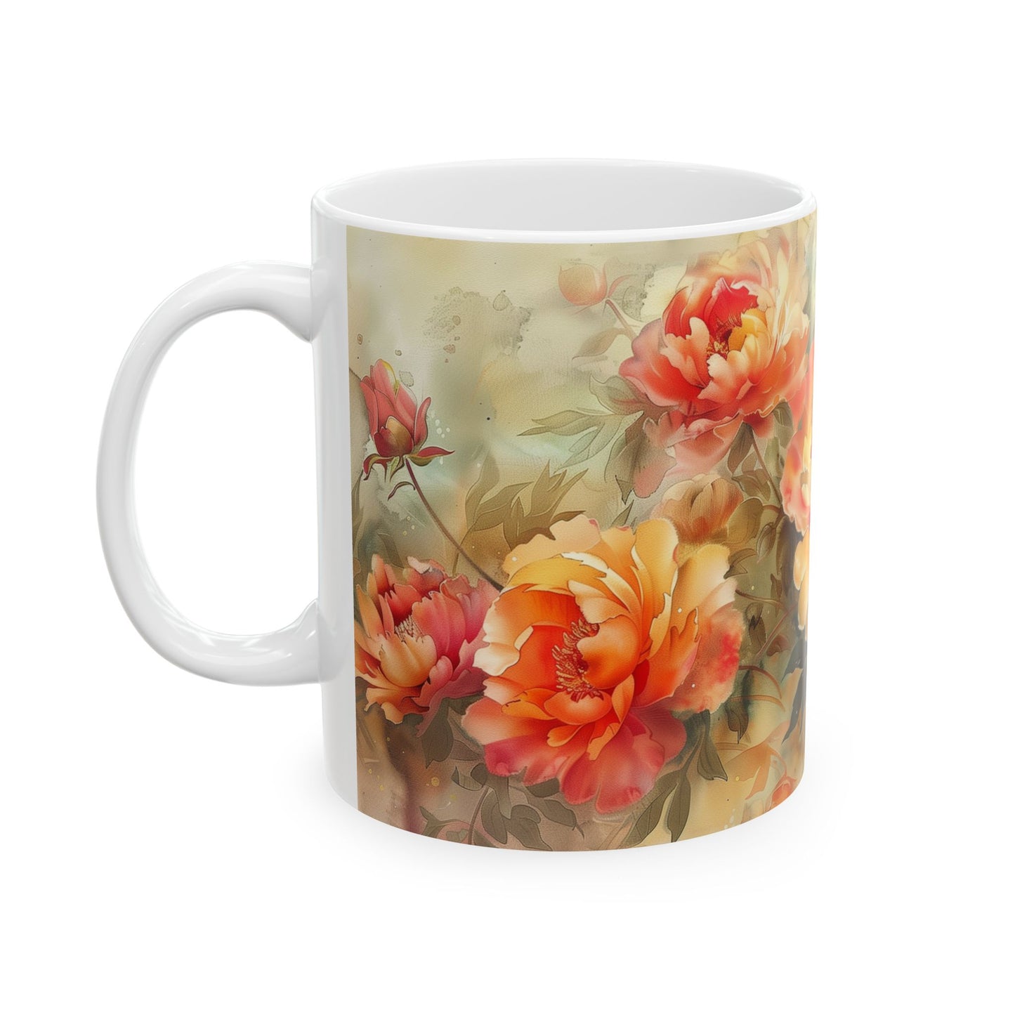 Vintage Peony Floral Mug - Elegant Flowers Watercolor Art, Design Gift for a Birthday Anniversary