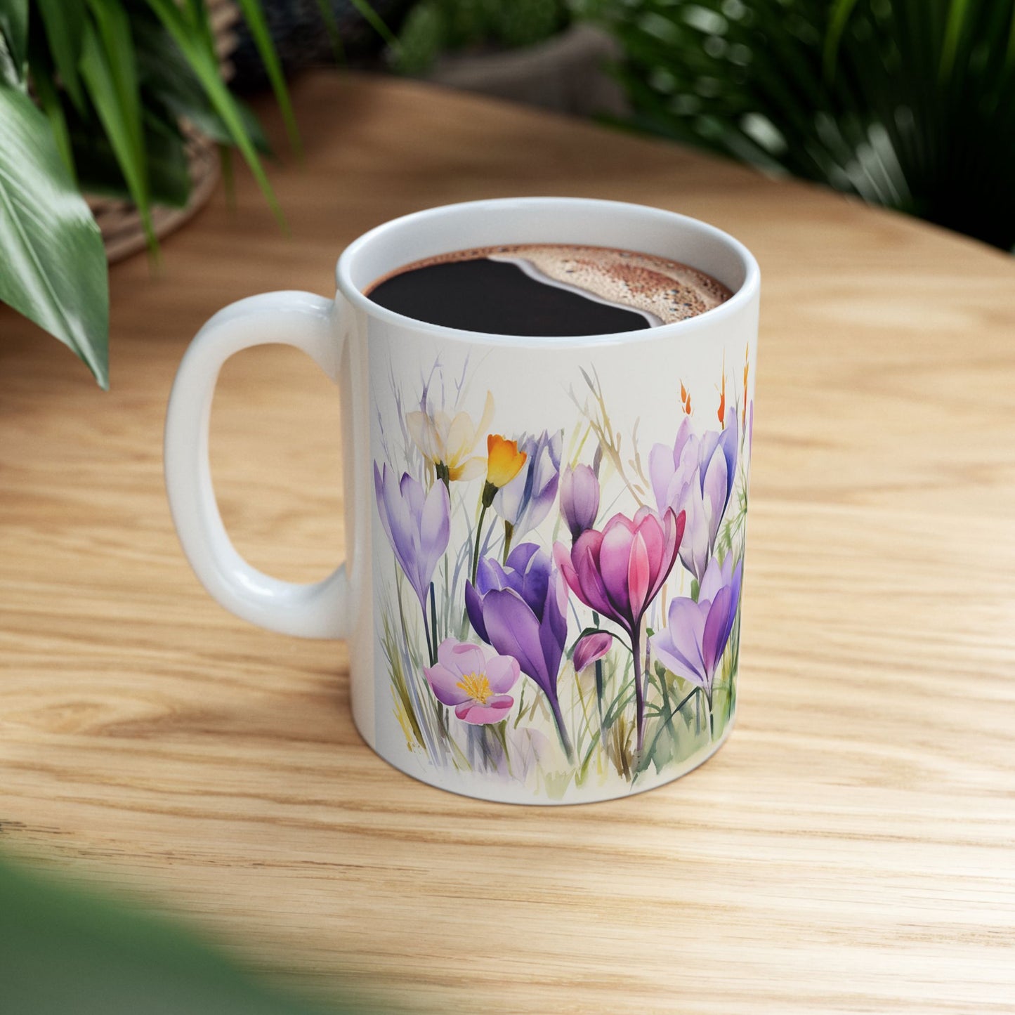 Spring Crocus Mug - Bloom Crocuses Floral Coffee Mug, Purple Pink Flowers Mug for Her, Botanical Tea Cup