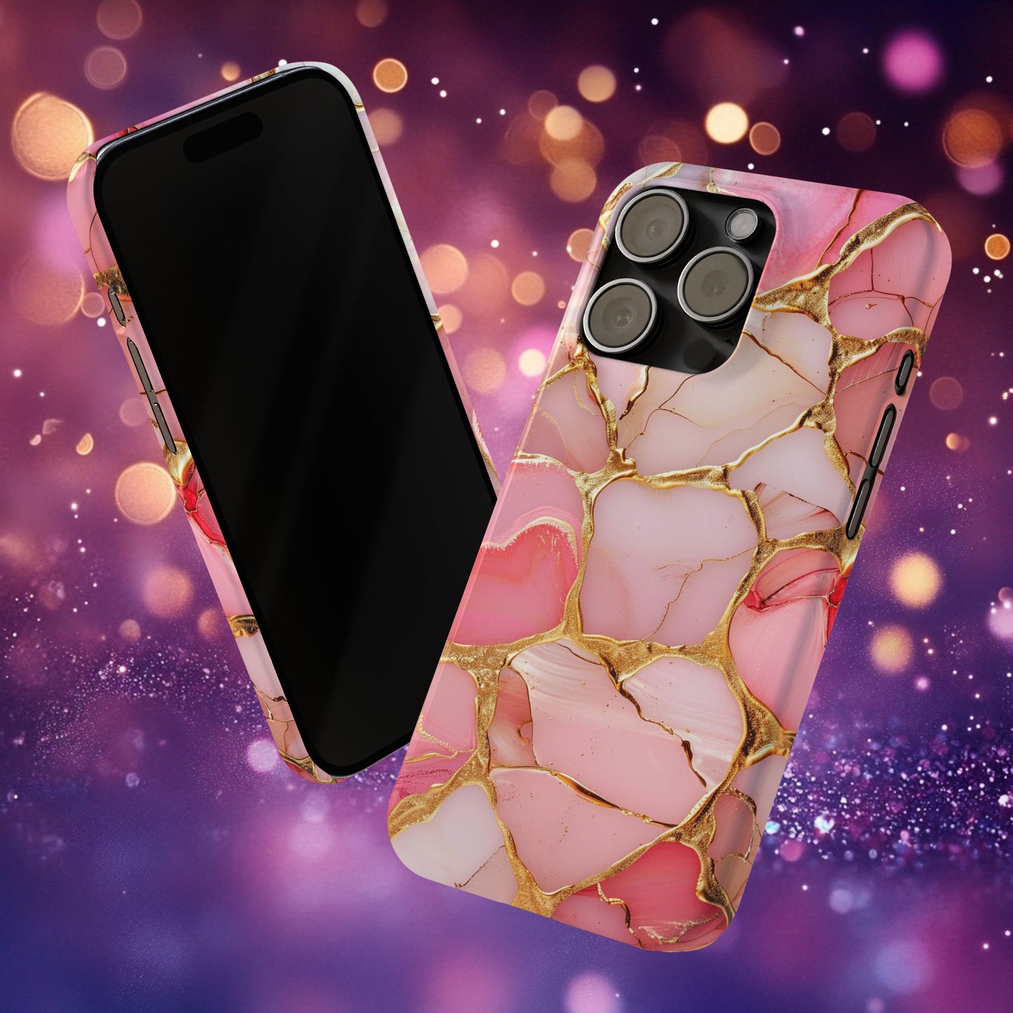 Celestial Stained Glass iPhone case for 17, 16, 15, Marble Case Pink Phone Cover Shiny Gold Case