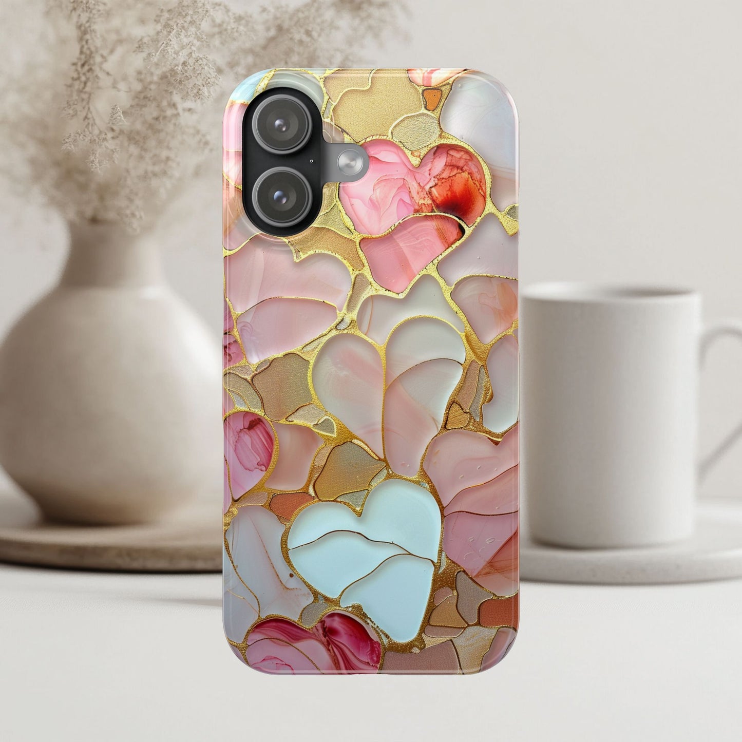 Celestial Stained Glass iPhone case for 17, 16, 15 Marble Heart Case Pink Phone Cover Shiny Gold Case Valentine Gift