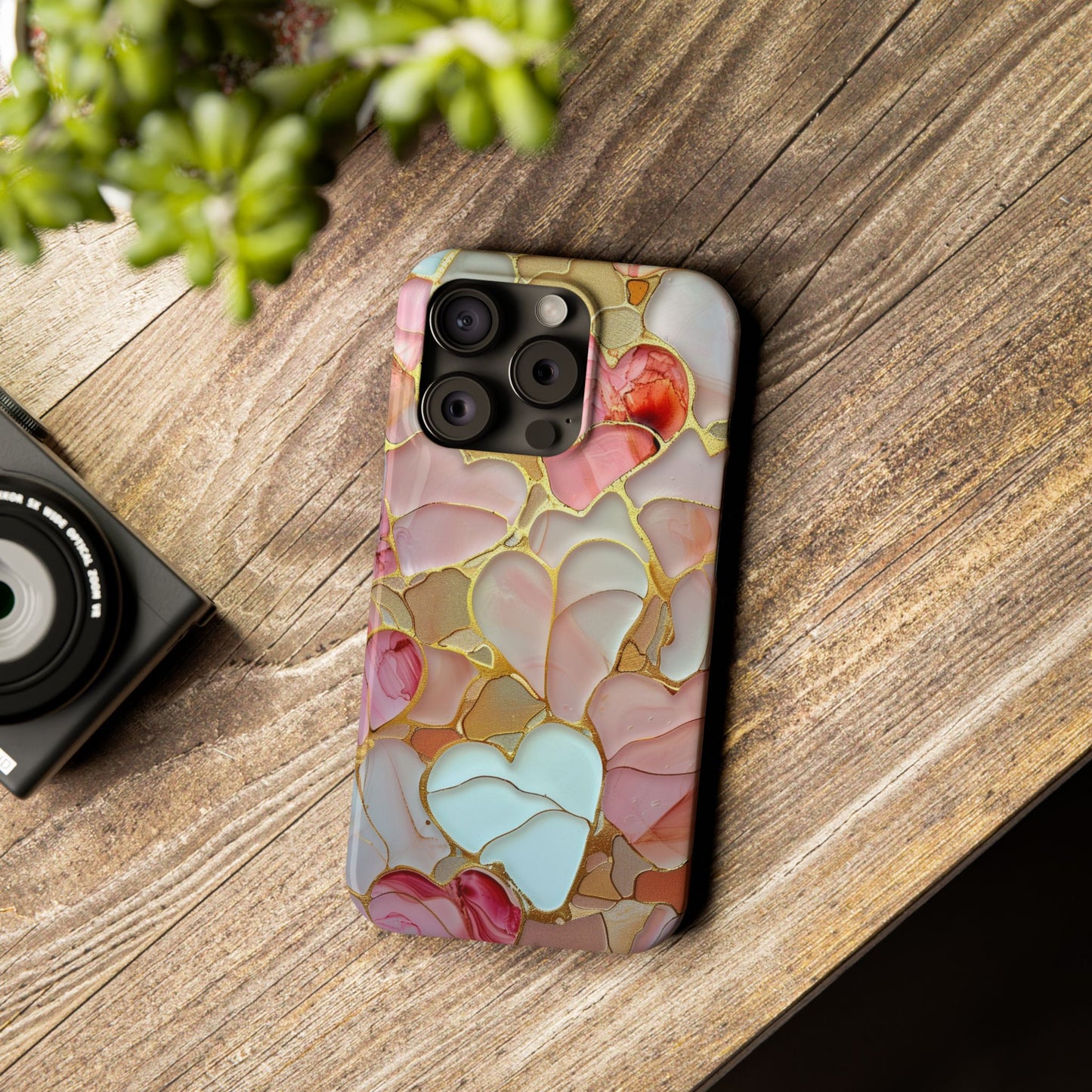 Celestial Stained Glass iPhone case for 17, 16, 15 Marble Heart Case Pink Phone Cover Shiny Gold Case Valentine Gift