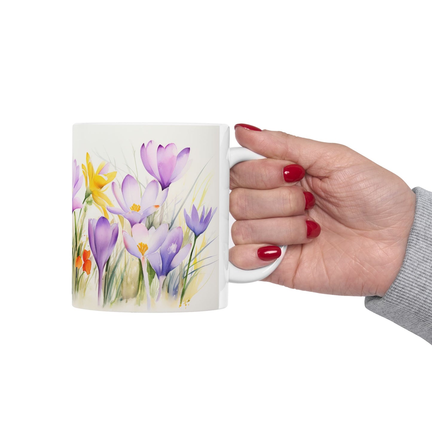 Spring Crocus Mug - Bloom Crocuses Floral Coffee Mug, Purple Pink Flowers Mug for Her, Botanical Tea Cup