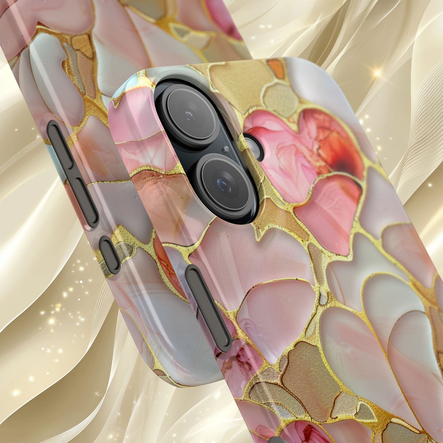 Celestial Stained Glass iPhone case for 17, 16, 15 Marble Heart Case Pink Phone Cover Shiny Gold Case Valentine Gift