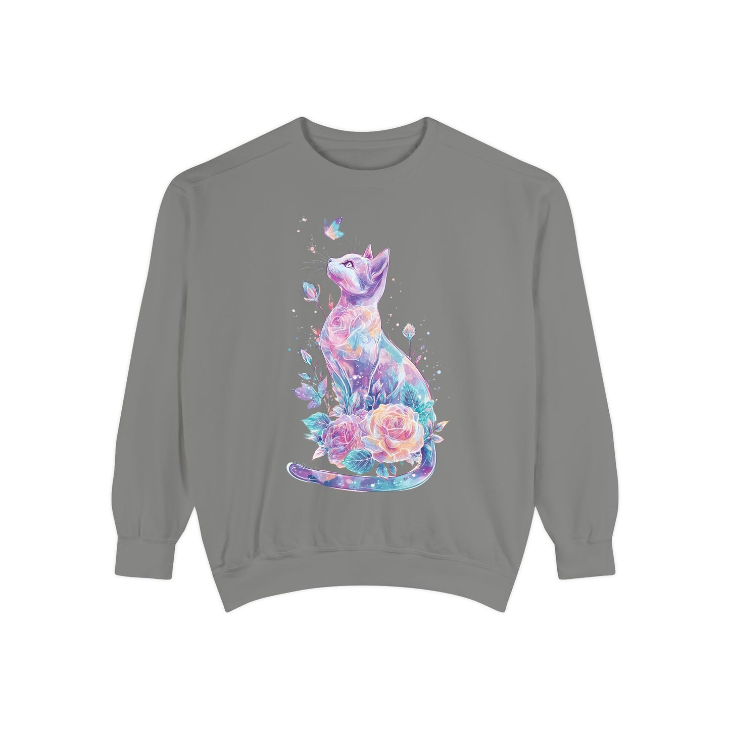 Colorful Cat Sweatshirt Comfort Colors, Galaxy Floral Cat Crewneck, Cute Cat Lover Gift, Pastel Aesthetic Pullover, Cozy Graphic Cat Jumper