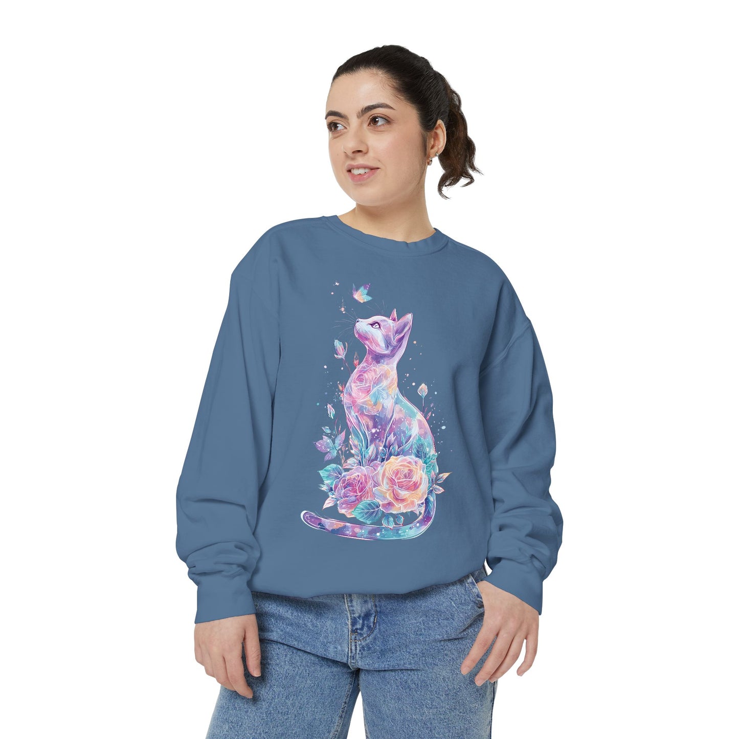 Colorful Cat Sweatshirt Comfort Colors, Galaxy Floral Cat Crewneck, Cute Cat Lover Gift, Pastel Aesthetic Pullover, Cozy Graphic Cat Jumper