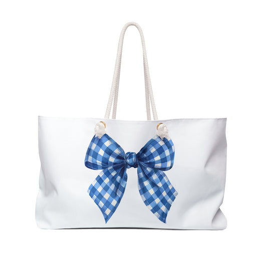 Chic Blue Gingham Bow Weekender Bag, Stylish Shoulder Bag, Perfect for Weekend Beach Gift for Wife, Gym Tote Bag