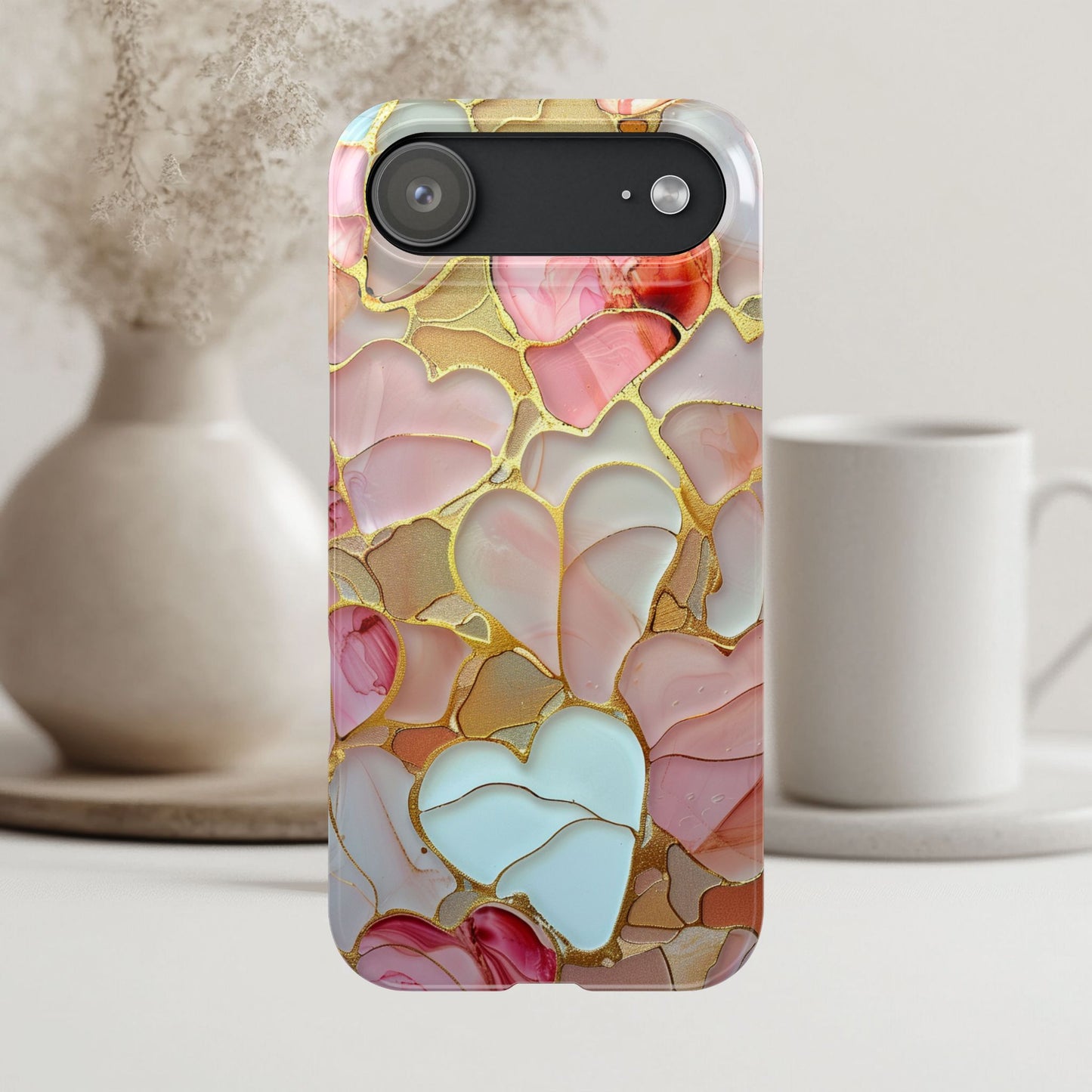 Celestial Stained Glass iPhone case for 17, 16, 15 Marble Heart Case Pink Phone Cover Shiny Gold Case Valentine Gift