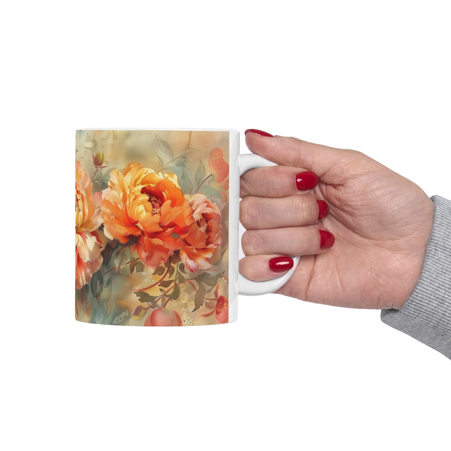 Vintage Peony Floral Mug - Elegant Flowers Watercolor Art, Design Gift for a Birthday Anniversary