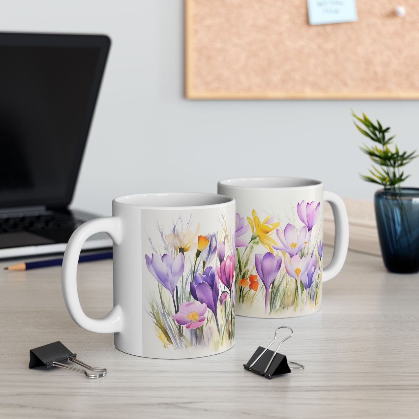 Spring Crocus Mug - Bloom Crocuses Floral Coffee Mug, Purple Pink Flowers Mug for Her, Botanical Tea Cup