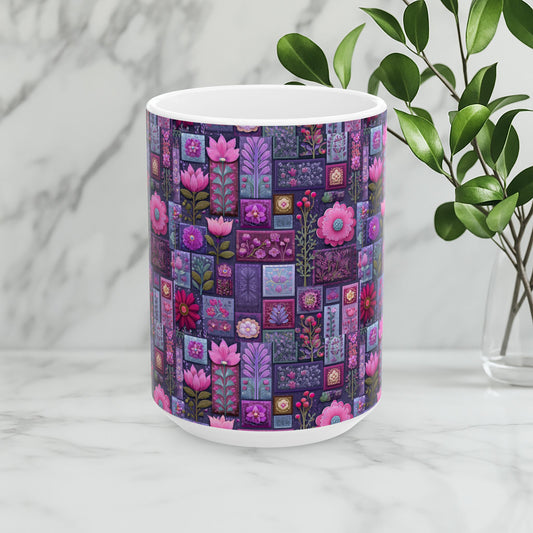 Pink Cottagecore Mug - Floral Pattern Ceramic Folk Art Coffee Mug