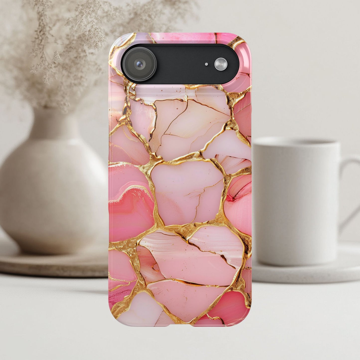 Celestial Stained Glass iPhone case for 17, 16, 15, Marble Case Pink Phone Cover Shiny Gold Case