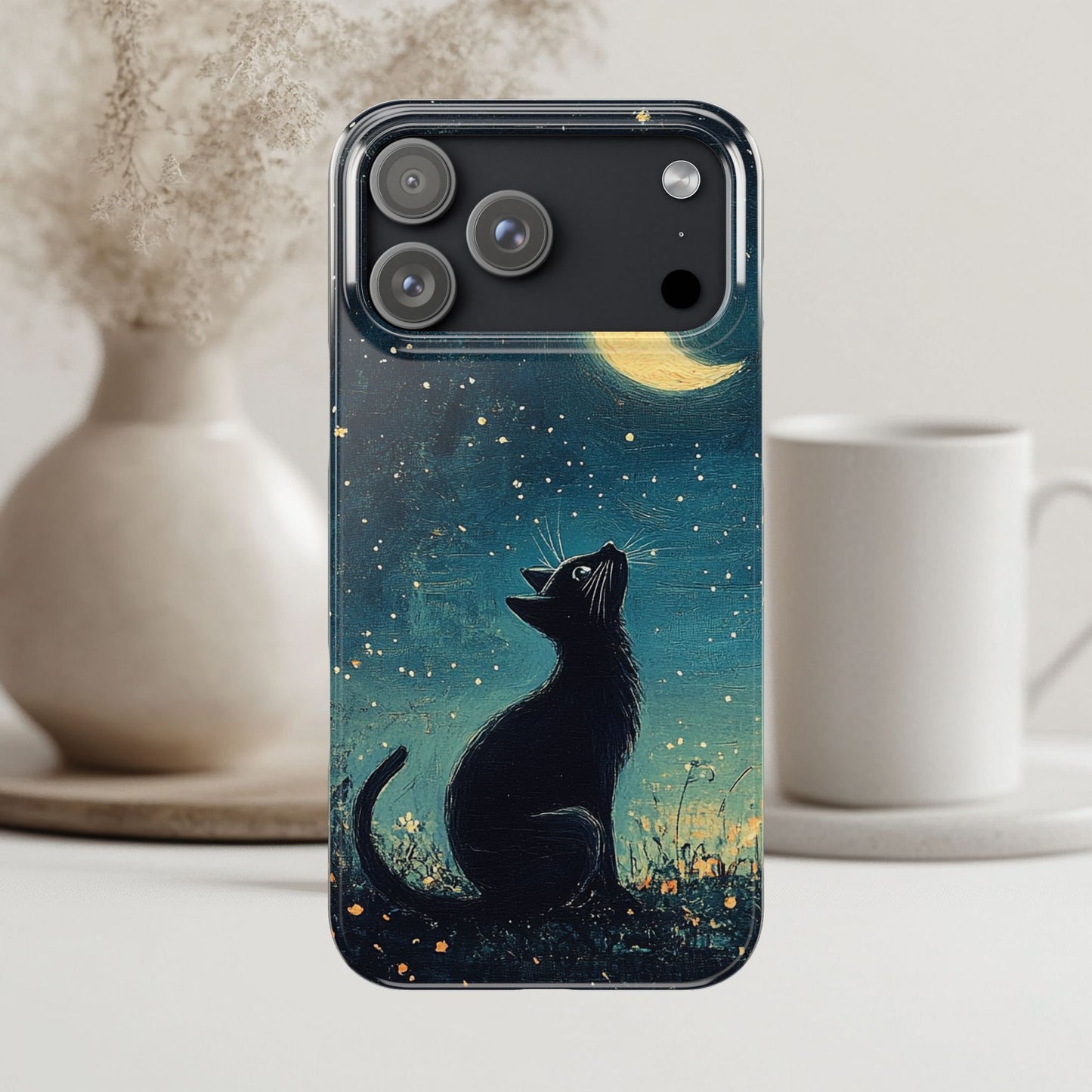 Black Cat iPhone Case for Iphone 17, 16, 15, Cover Starry Night Case Moon and Stars Phone Case Birthday Gift for Cat Lovers Cat Mom