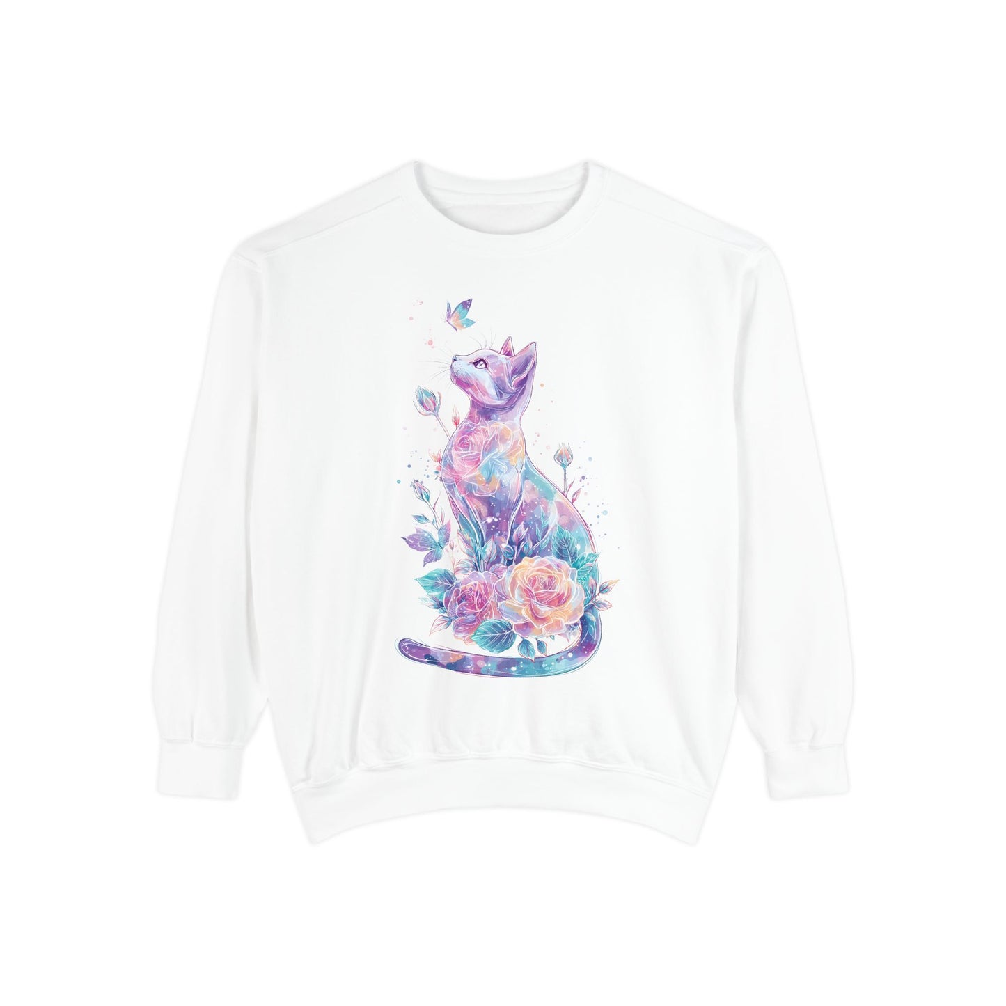 Colorful Cat Sweatshirt Comfort Colors, Galaxy Floral Cat Crewneck, Cute Cat Lover Gift, Pastel Aesthetic Pullover, Cozy Graphic Cat Jumper