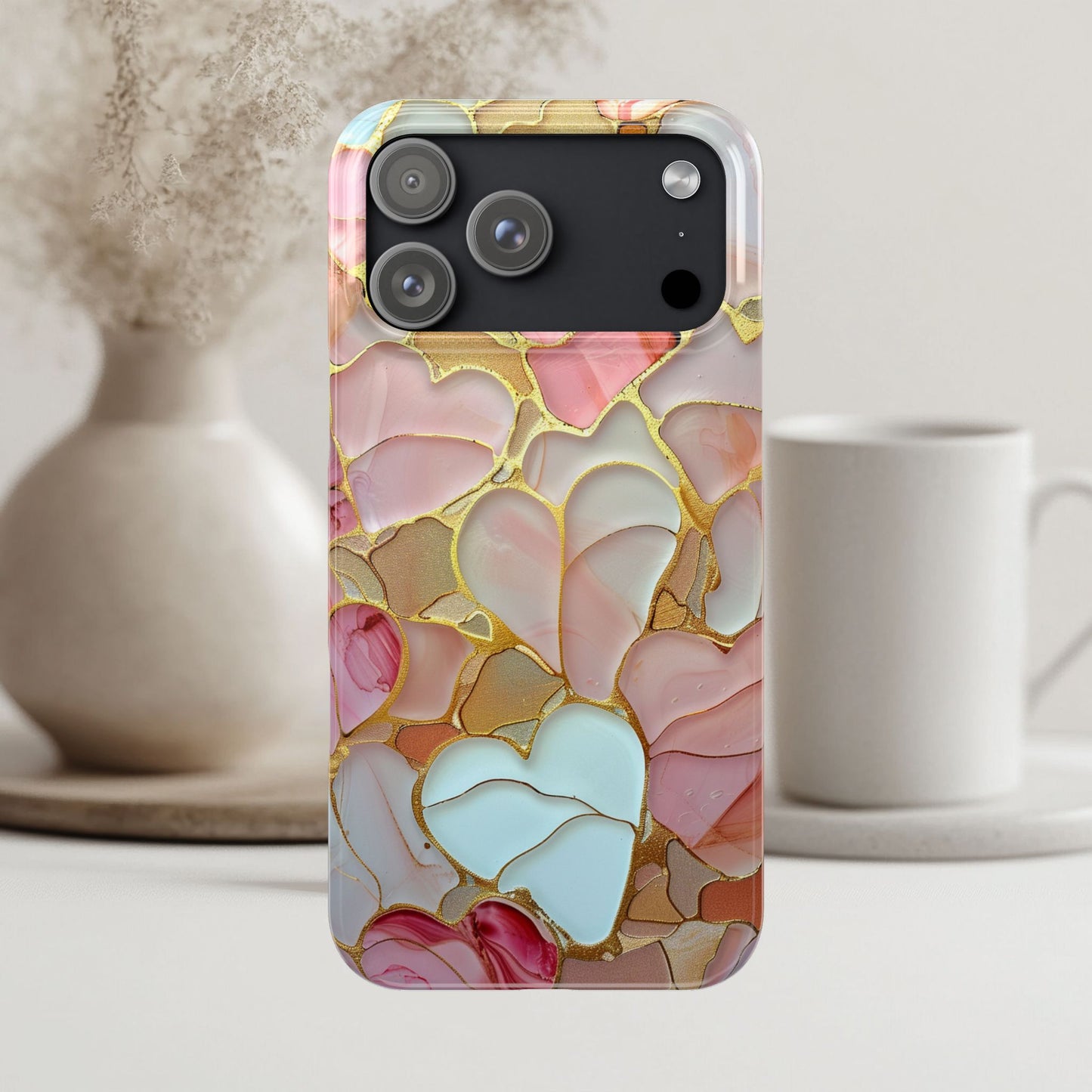 Celestial Stained Glass iPhone case for 17, 16, 15 Marble Heart Case Pink Phone Cover Shiny Gold Case Valentine Gift