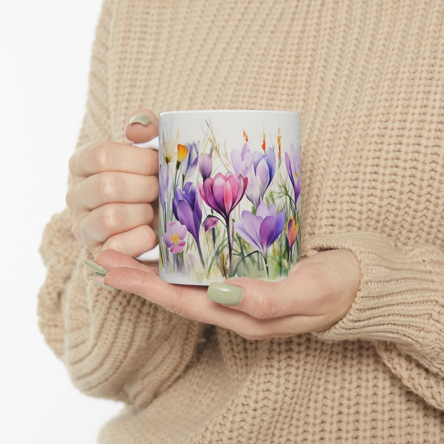 Spring Crocus Mug - Bloom Crocuses Floral Coffee Mug, Purple Pink Flowers Mug for Her, Botanical Tea Cup