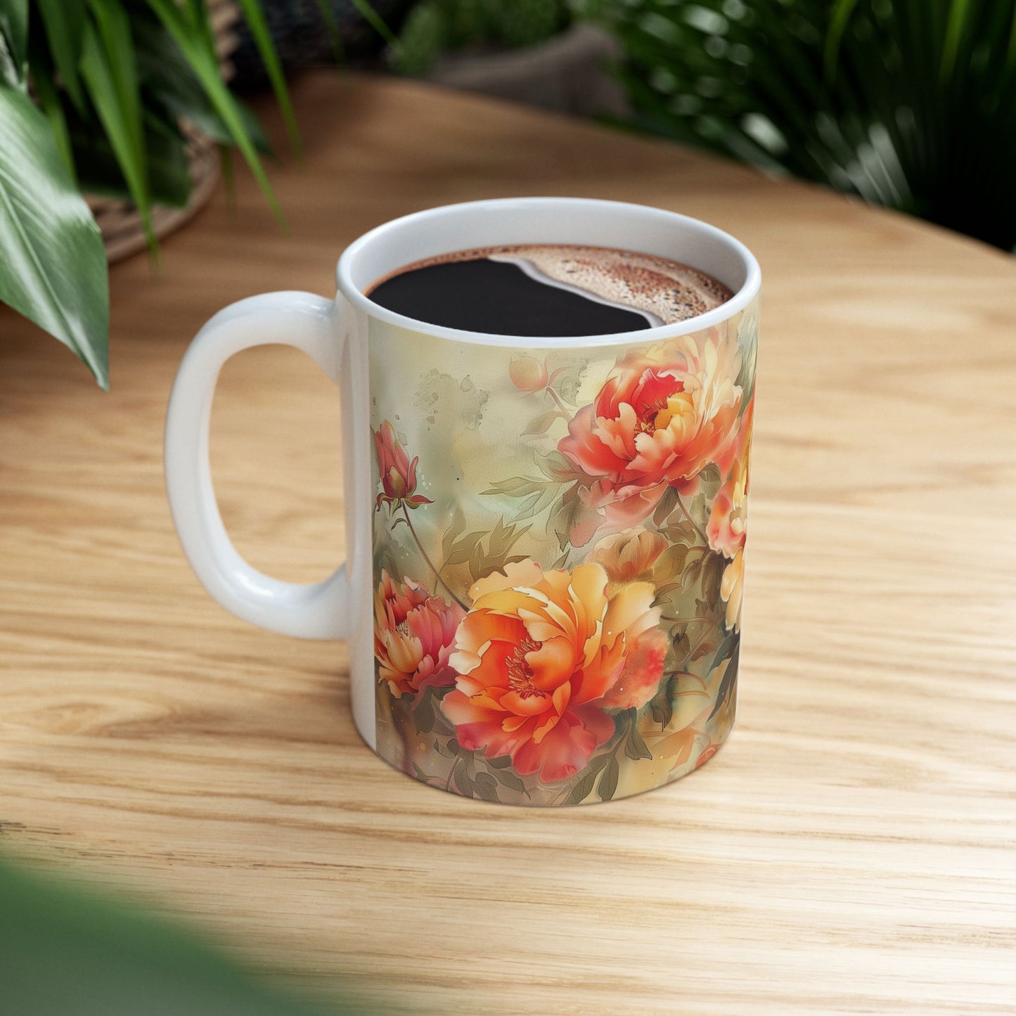 Vintage Peony Floral Mug - Elegant Flowers Watercolor Art, Design Gift for a Birthday Anniversary
