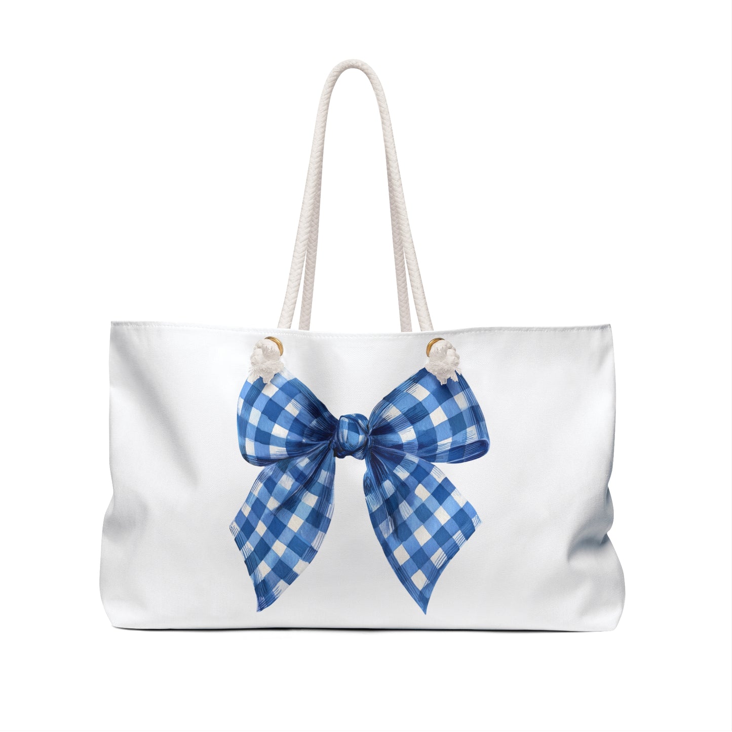 Chic Blue Gingham Bow Weekender Bag, Stylish Shoulder Bag, Perfect for Weekend Beach Gift for Wife, Gym Tote Bag