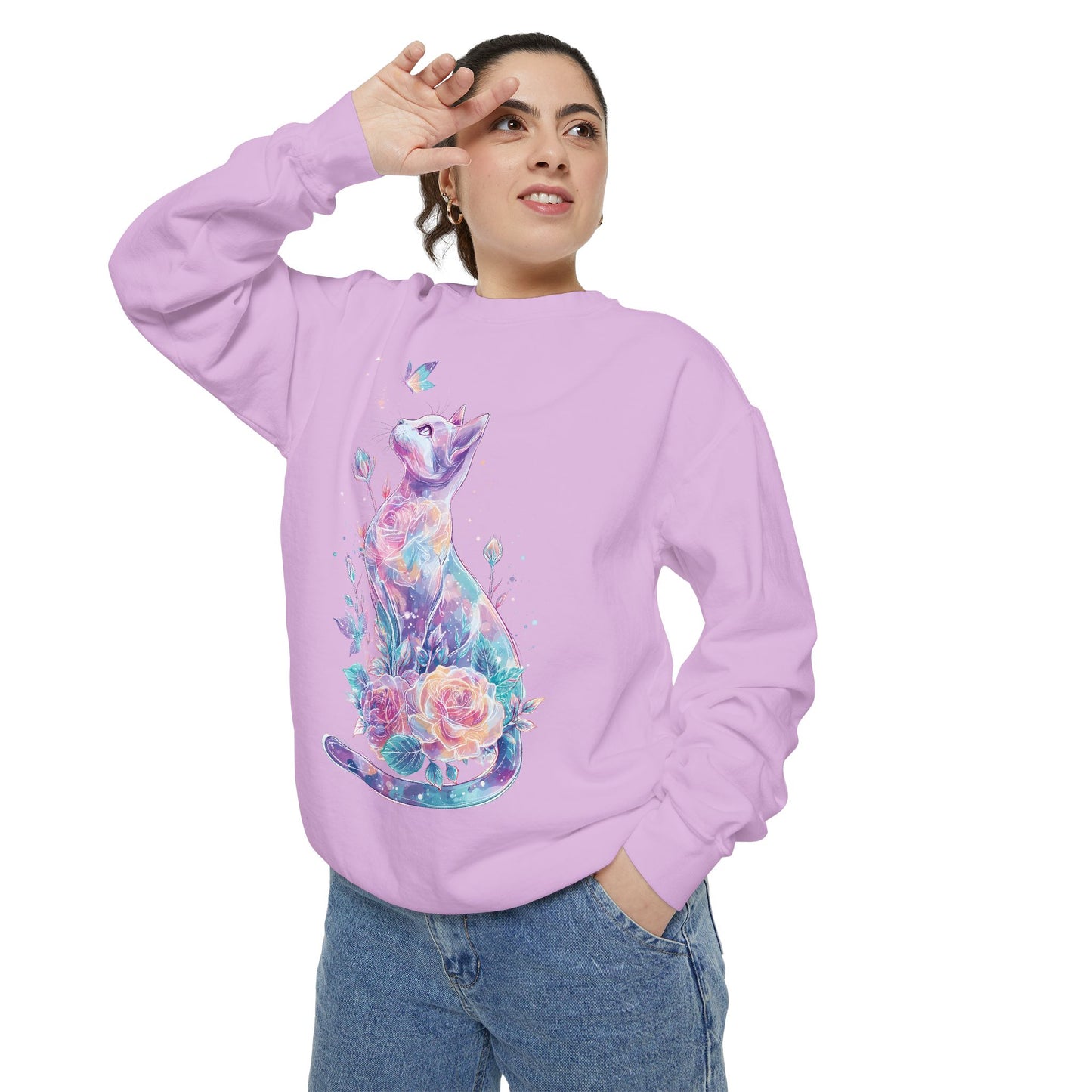 Colorful Cat Sweatshirt Comfort Colors, Galaxy Floral Cat Crewneck, Cute Cat Lover Gift, Pastel Aesthetic Pullover, Cozy Graphic Cat Jumper