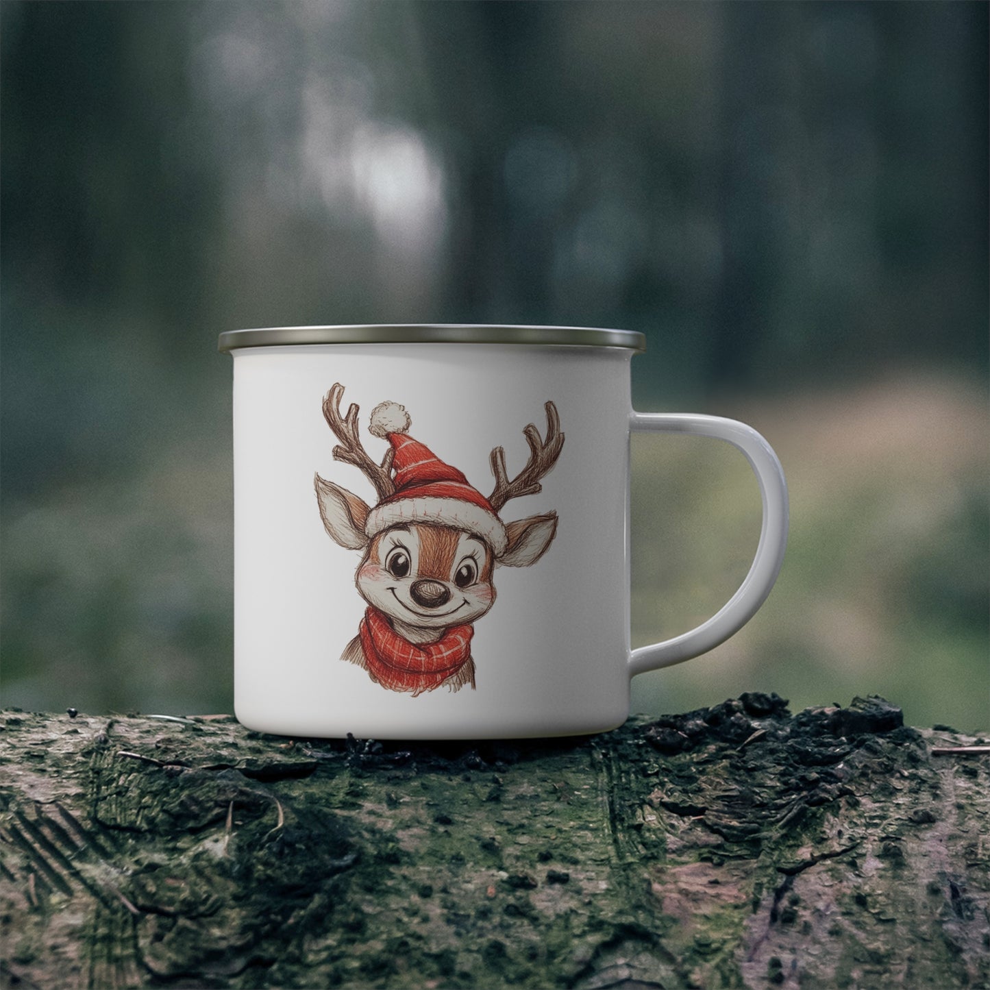 Christmas Enamel Mug with Reindeer - Gift for Family, Camping Accessories for Travel