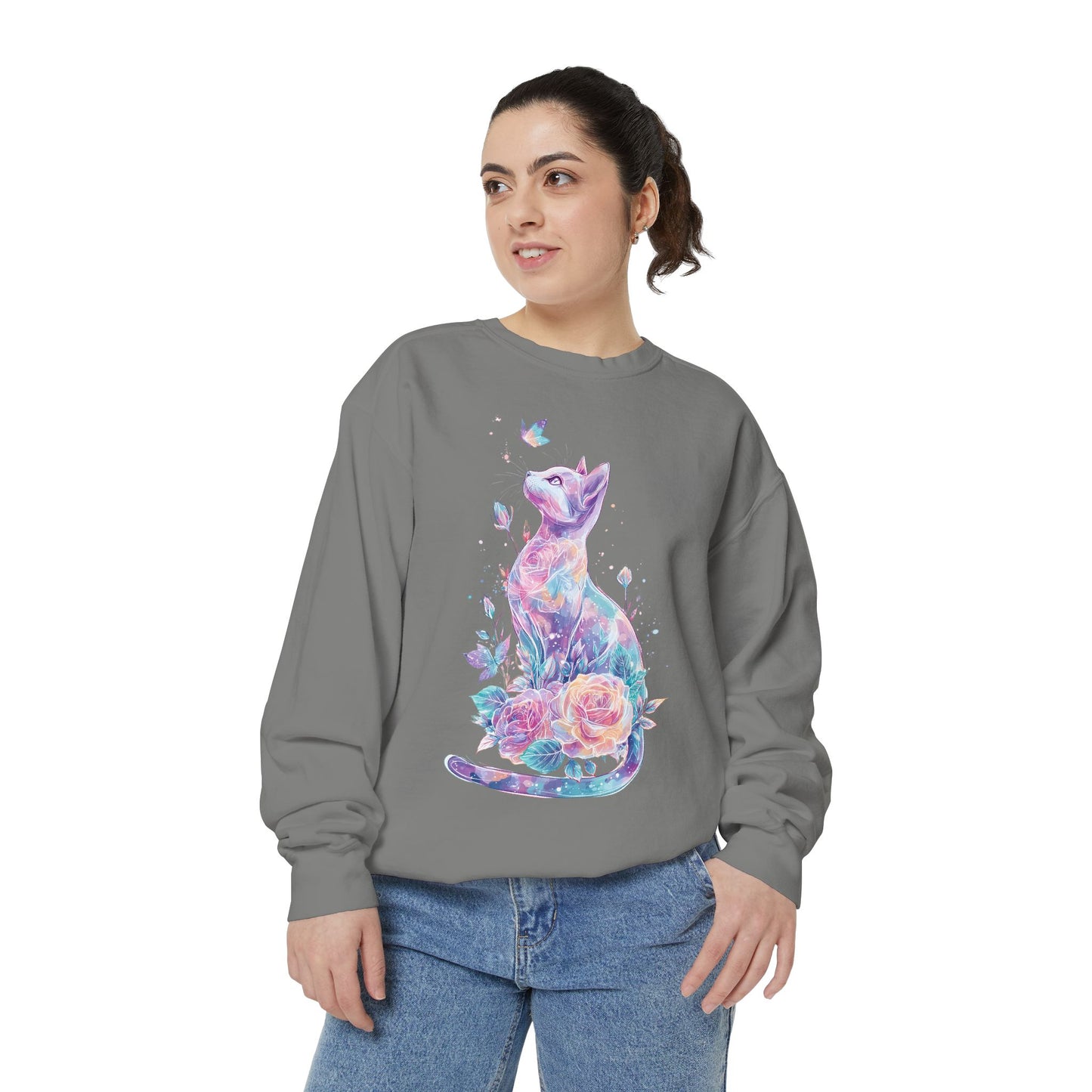 Colorful Cat Sweatshirt Comfort Colors, Galaxy Floral Cat Crewneck, Cute Cat Lover Gift, Pastel Aesthetic Pullover, Cozy Graphic Cat Jumper