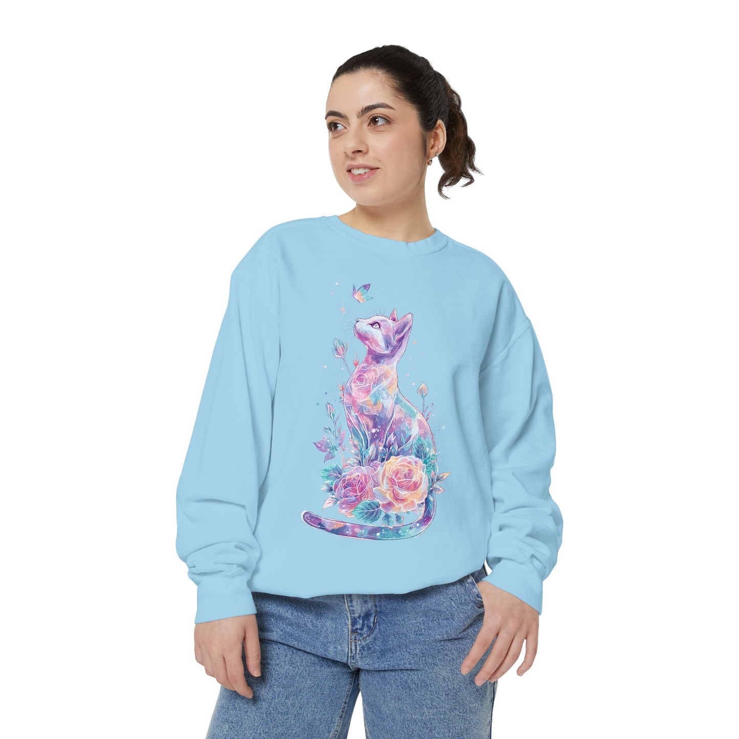 Colorful Cat Sweatshirt Comfort Colors, Galaxy Floral Cat Crewneck, Cute Cat Lover Gift, Pastel Aesthetic Pullover, Cozy Graphic Cat Jumper