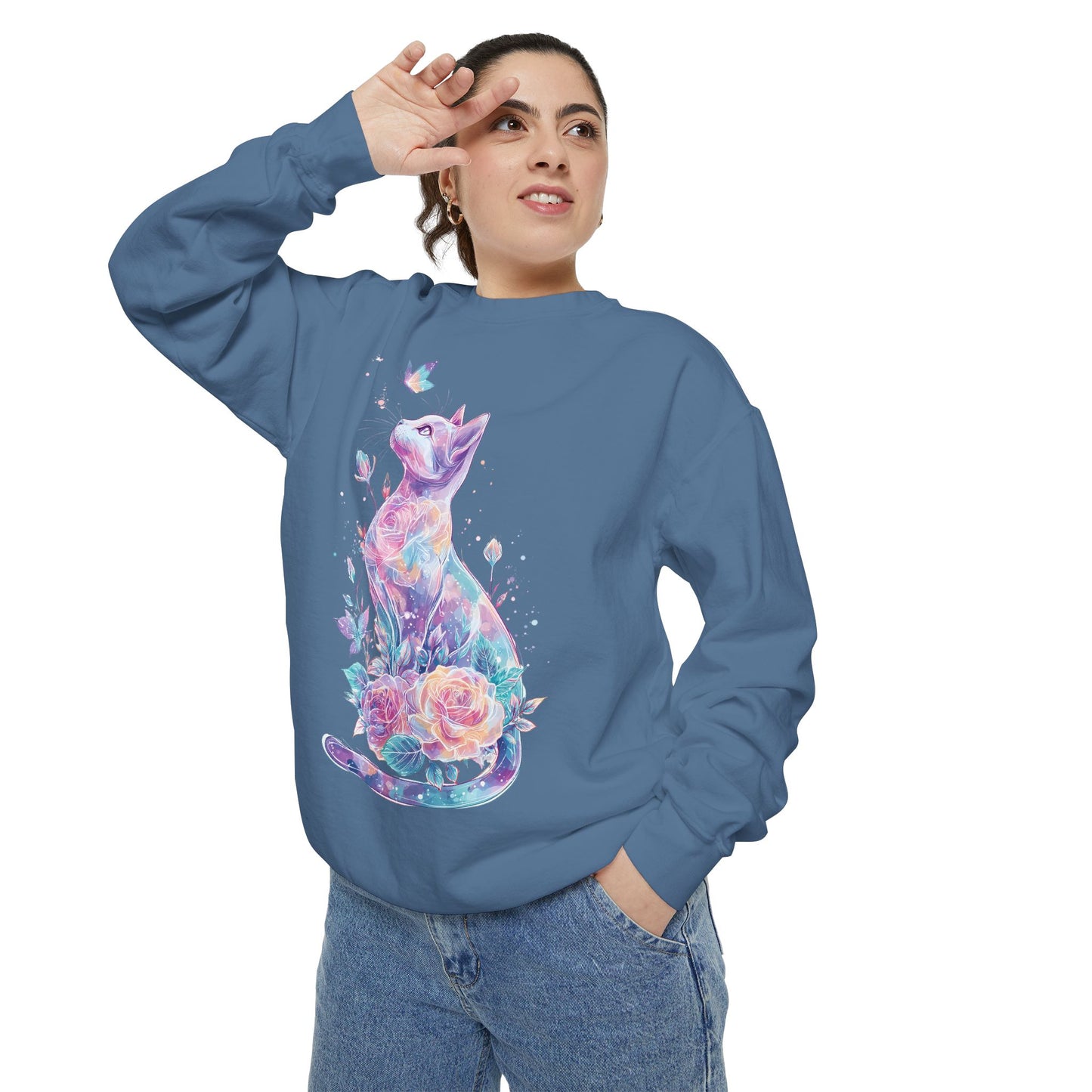 Colorful Cat Sweatshirt Comfort Colors, Galaxy Floral Cat Crewneck, Cute Cat Lover Gift, Pastel Aesthetic Pullover, Cozy Graphic Cat Jumper