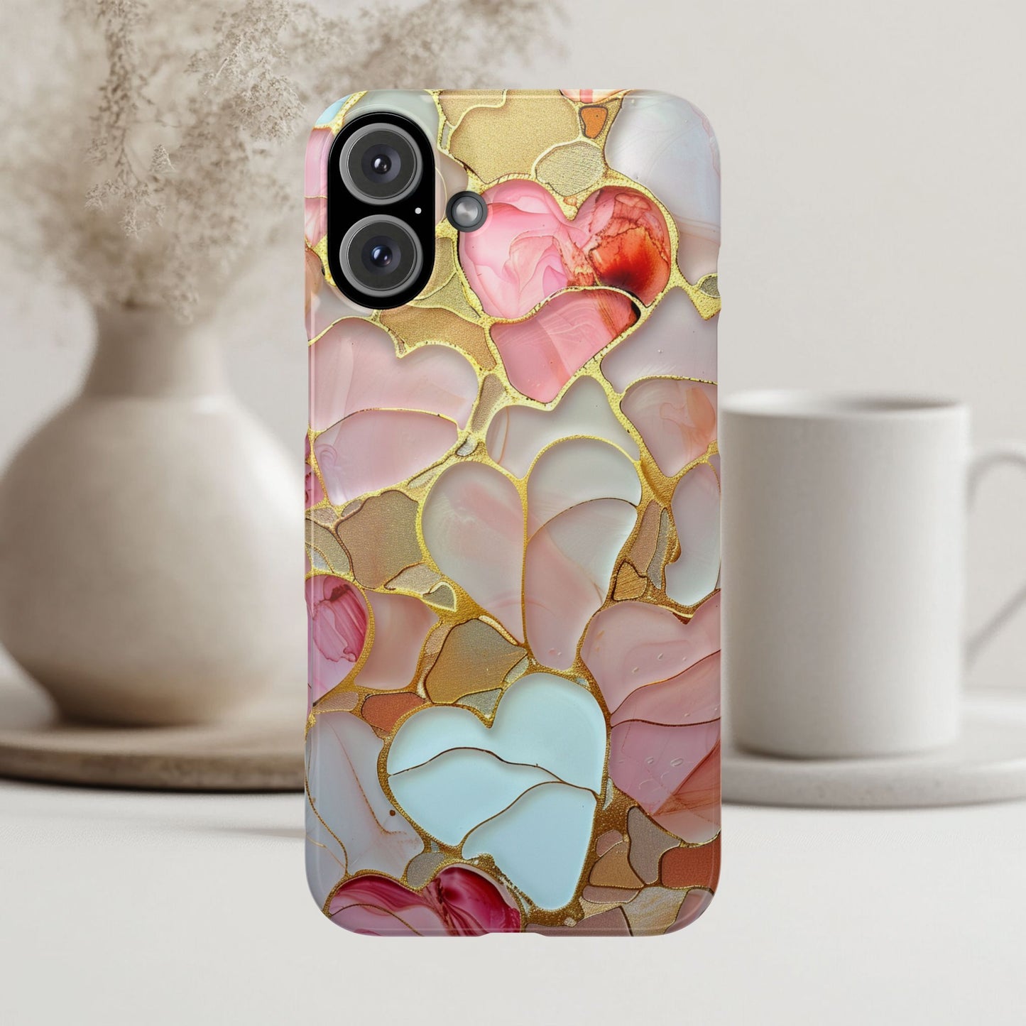 Celestial Stained Glass iPhone case for 17, 16, 15 Marble Heart Case Pink Phone Cover Shiny Gold Case Valentine Gift