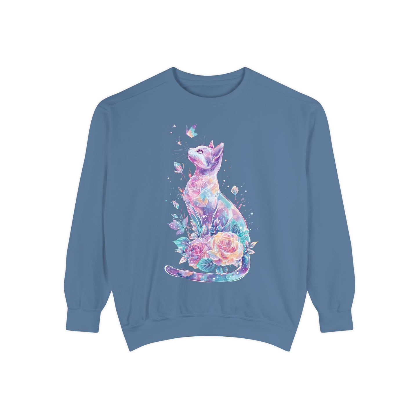 Colorful Cat Sweatshirt Comfort Colors, Galaxy Floral Cat Crewneck, Cute Cat Lover Gift, Pastel Aesthetic Pullover, Cozy Graphic Cat Jumper