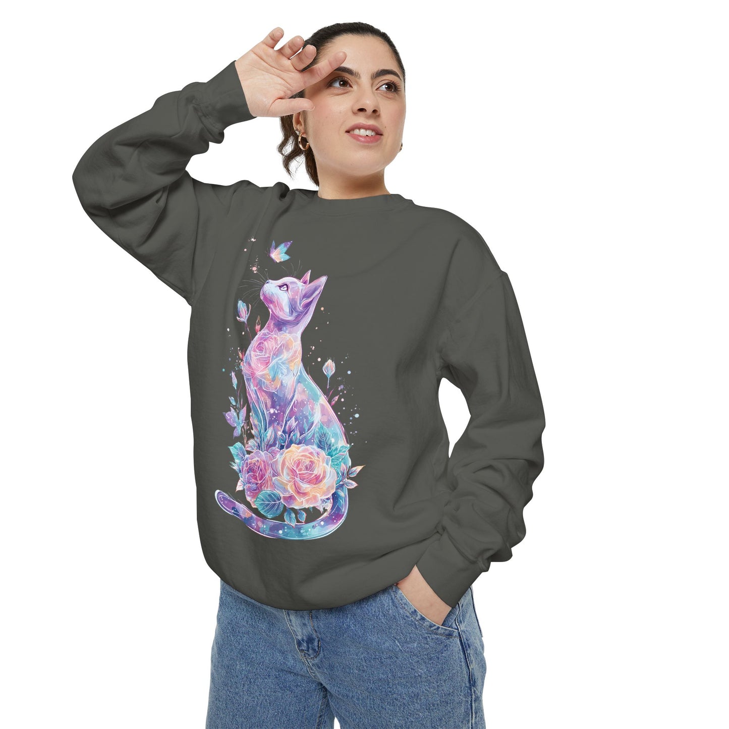 Colorful Cat Sweatshirt Comfort Colors, Galaxy Floral Cat Crewneck, Cute Cat Lover Gift, Pastel Aesthetic Pullover, Cozy Graphic Cat Jumper