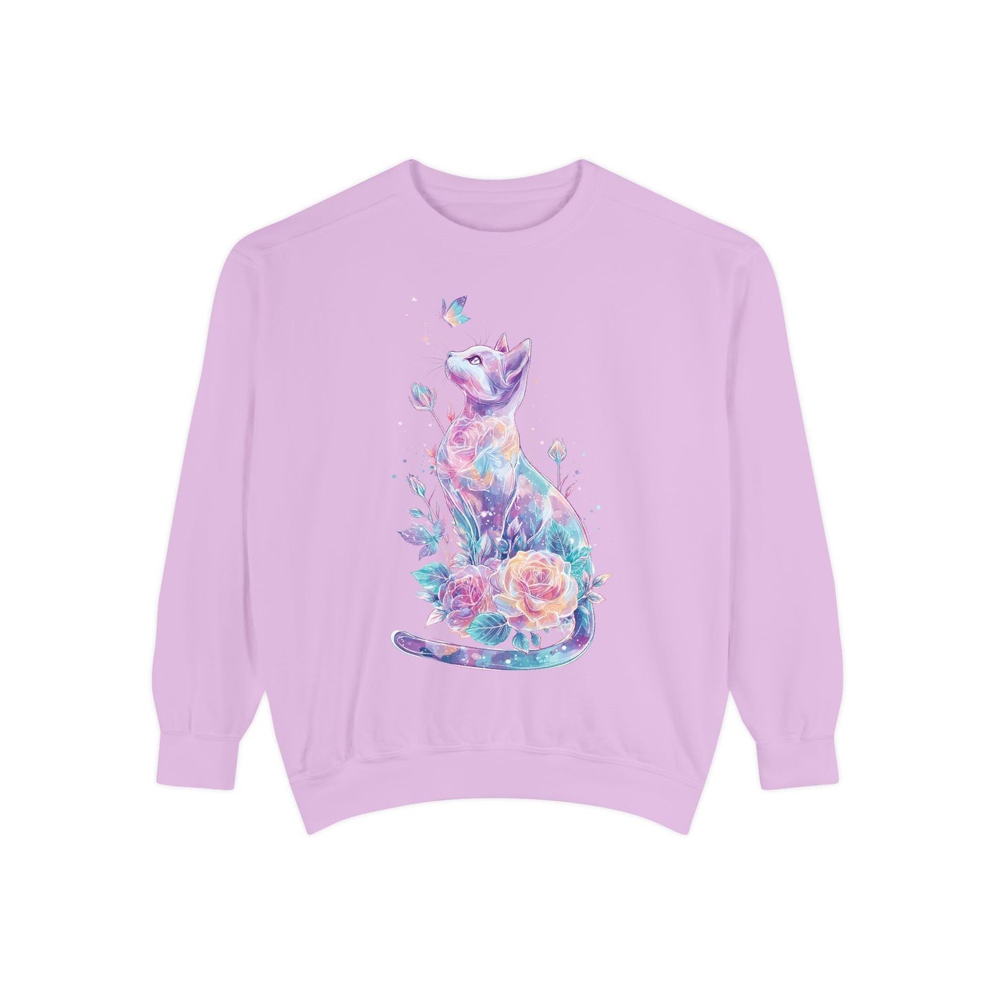Colorful Cat Sweatshirt Comfort Colors, Galaxy Floral Cat Crewneck, Cute Cat Lover Gift, Pastel Aesthetic Pullover, Cozy Graphic Cat Jumper