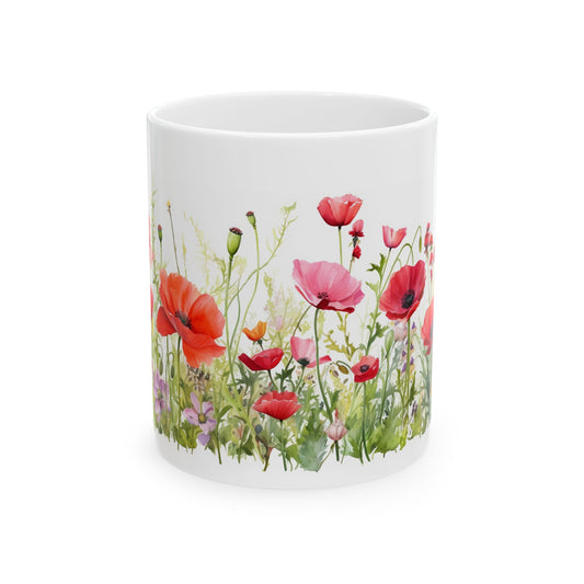 Poppy Meadow Ceramic Mug - Red Floral Coffee Cup, Nature Lover Mug, Botanical Drinkware, Mothers Day Gift for Mom, Kitchen Decor