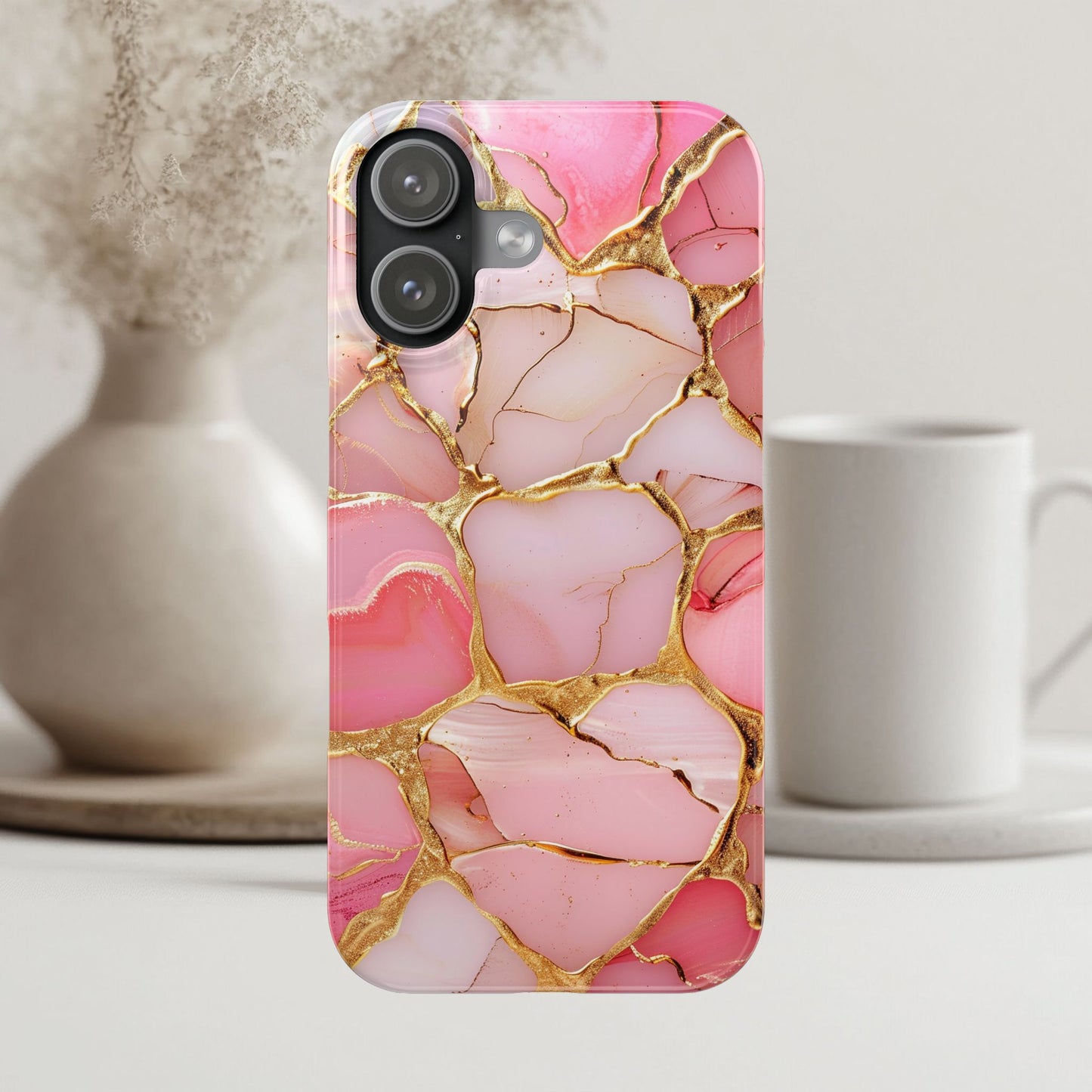 Celestial Stained Glass iPhone case for 17, 16, 15, Marble Case Pink Phone Cover Shiny Gold Case