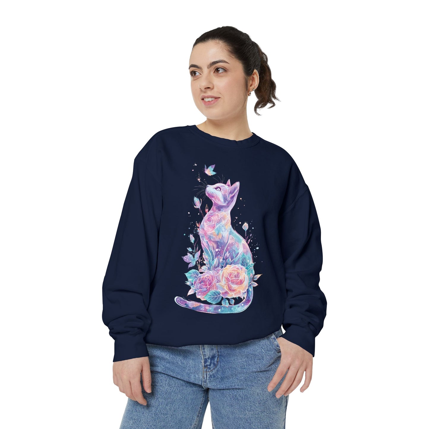 Colorful Cat Sweatshirt Comfort Colors, Galaxy Floral Cat Crewneck, Cute Cat Lover Gift, Pastel Aesthetic Pullover, Cozy Graphic Cat Jumper