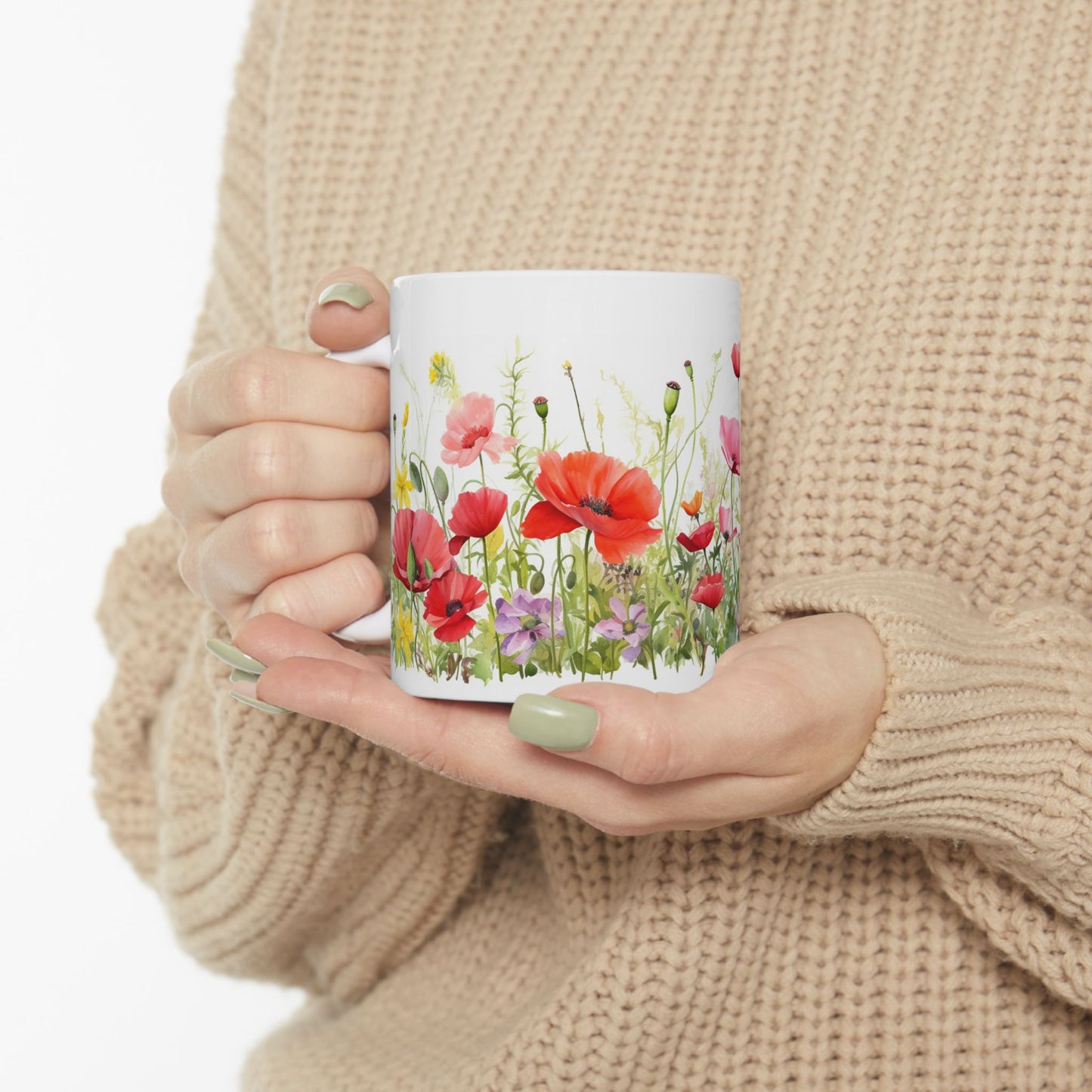 Poppy Meadow Ceramic Mug - Red Floral Coffee Cup, Nature Lover Mug, Botanical Drinkware, Mothers Day Gift for Mom, Kitchen Decor