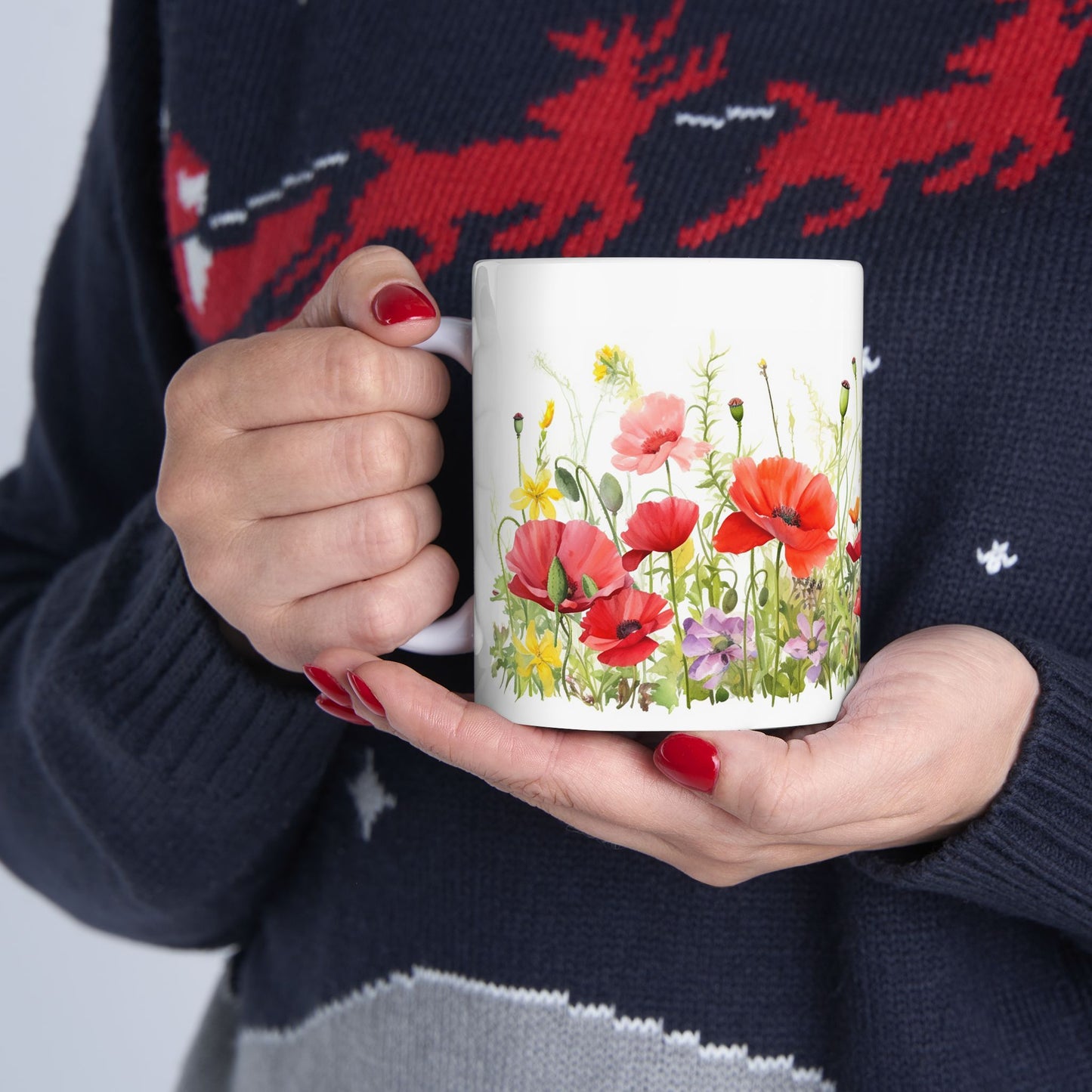 Poppy Meadow Ceramic Mug - Red Floral Coffee Cup, Nature Lover Mug, Botanical Drinkware, Mothers Day Gift for Mom, Kitchen Decor