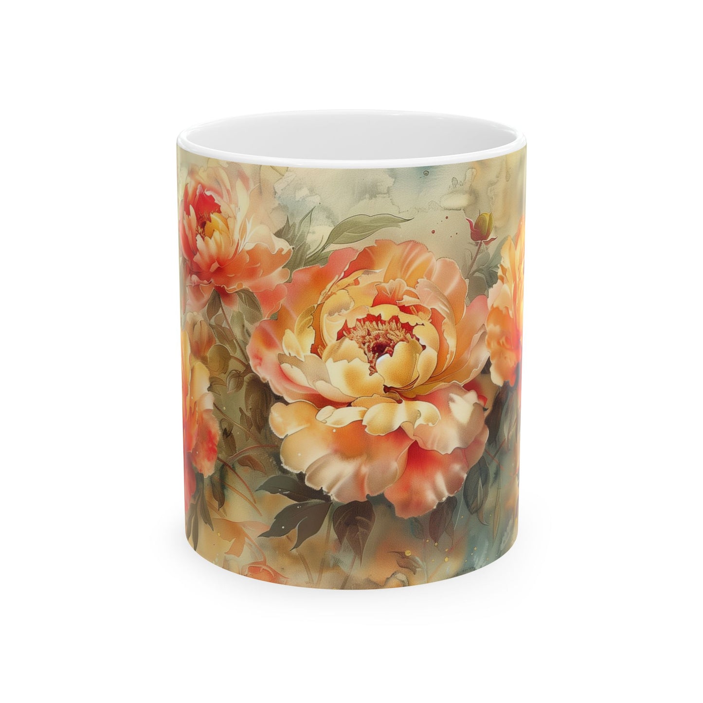 Vintage Peony Floral Mug - Elegant Flowers Watercolor Art, Design Gift for a Birthday Anniversary