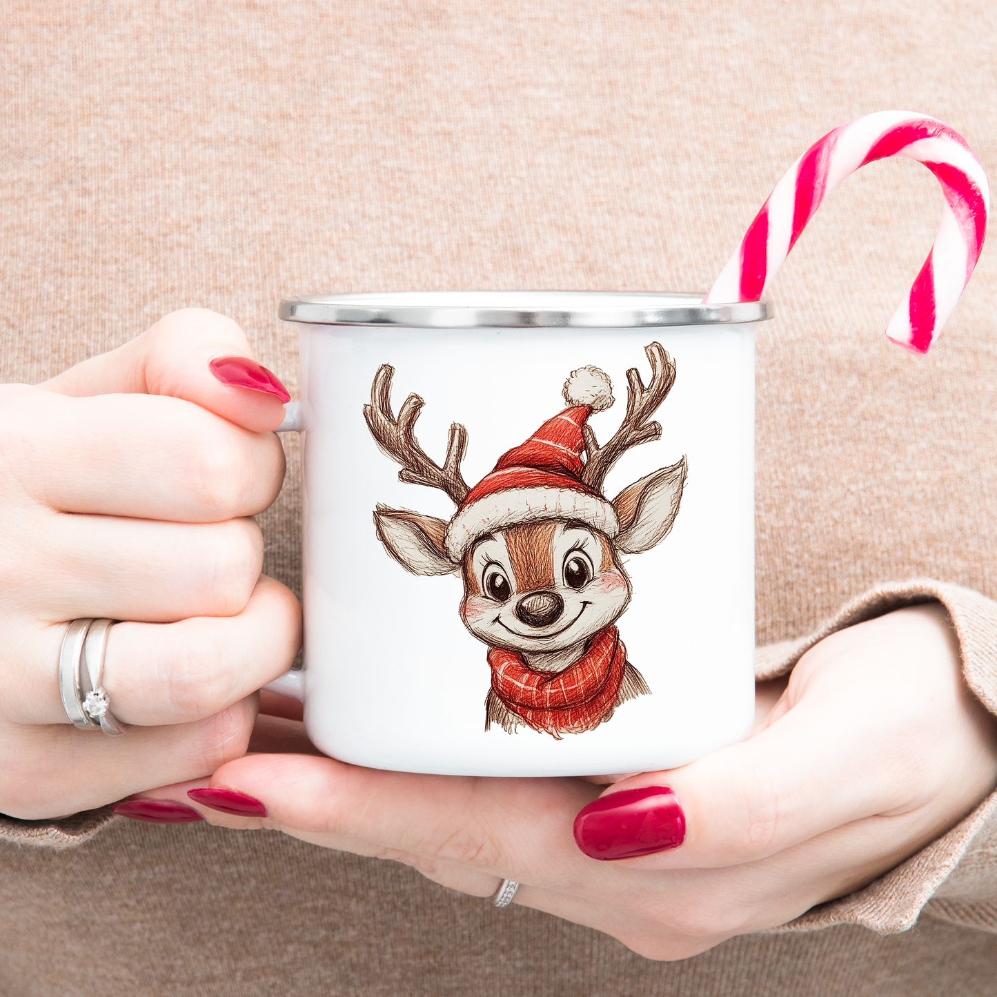 Christmas Enamel Mug with Reindeer - Gift for Family, Camping Accessories for Travel