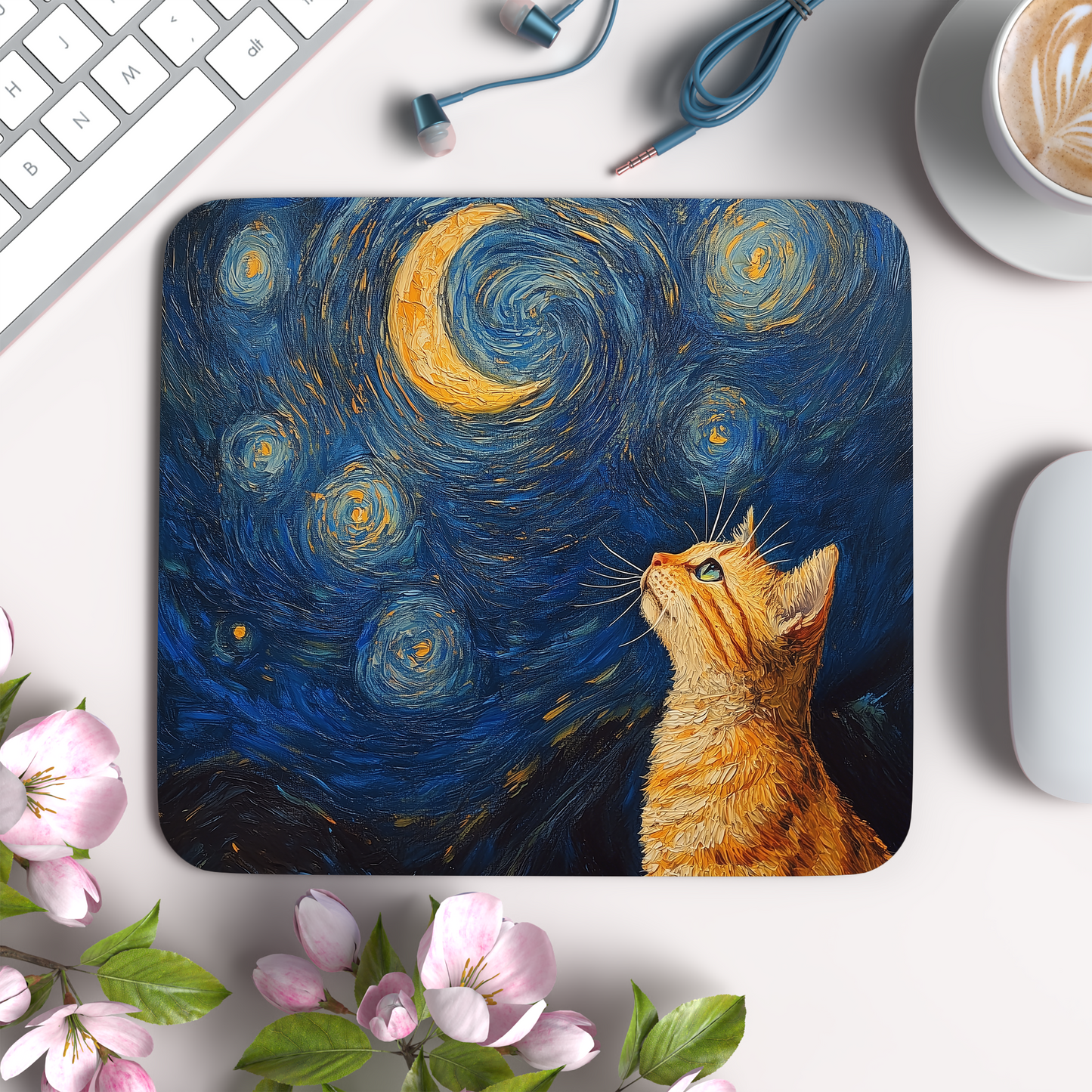 Portable Mouse Pad- Whimsical Cat Moon Art Cat, Office PC Accessory Computer Mouse Pad