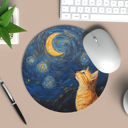 Portable Mouse Pad- Whimsical Cat Moon Art Cat, Office PC Accessory Computer Mouse Pad