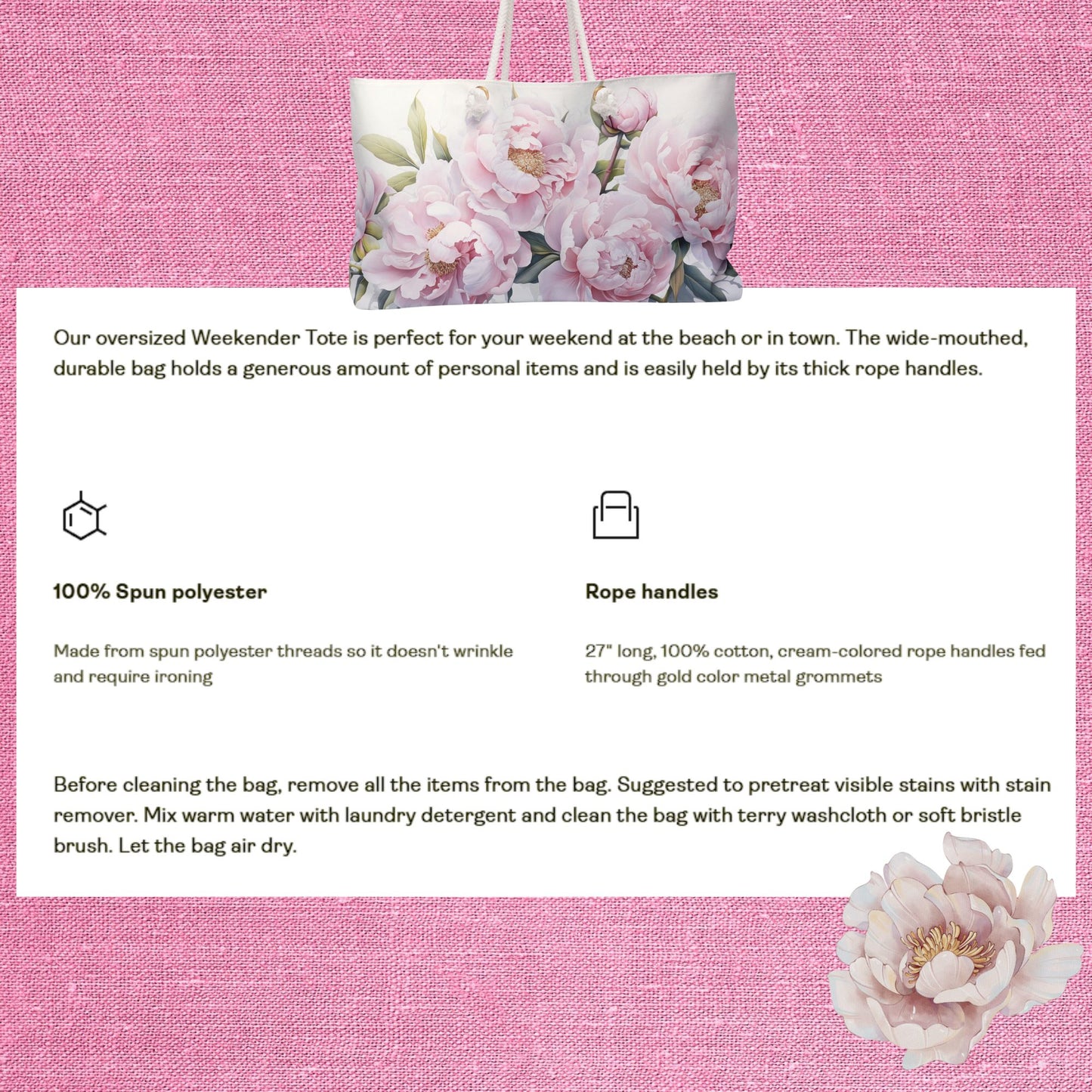 Large Floral Weekender Bag, Shoulder Bag for Women, Summer Travel Tote, Gift for Her Shopping Tote Bag with Pink Peonies Beach Bag for Bride