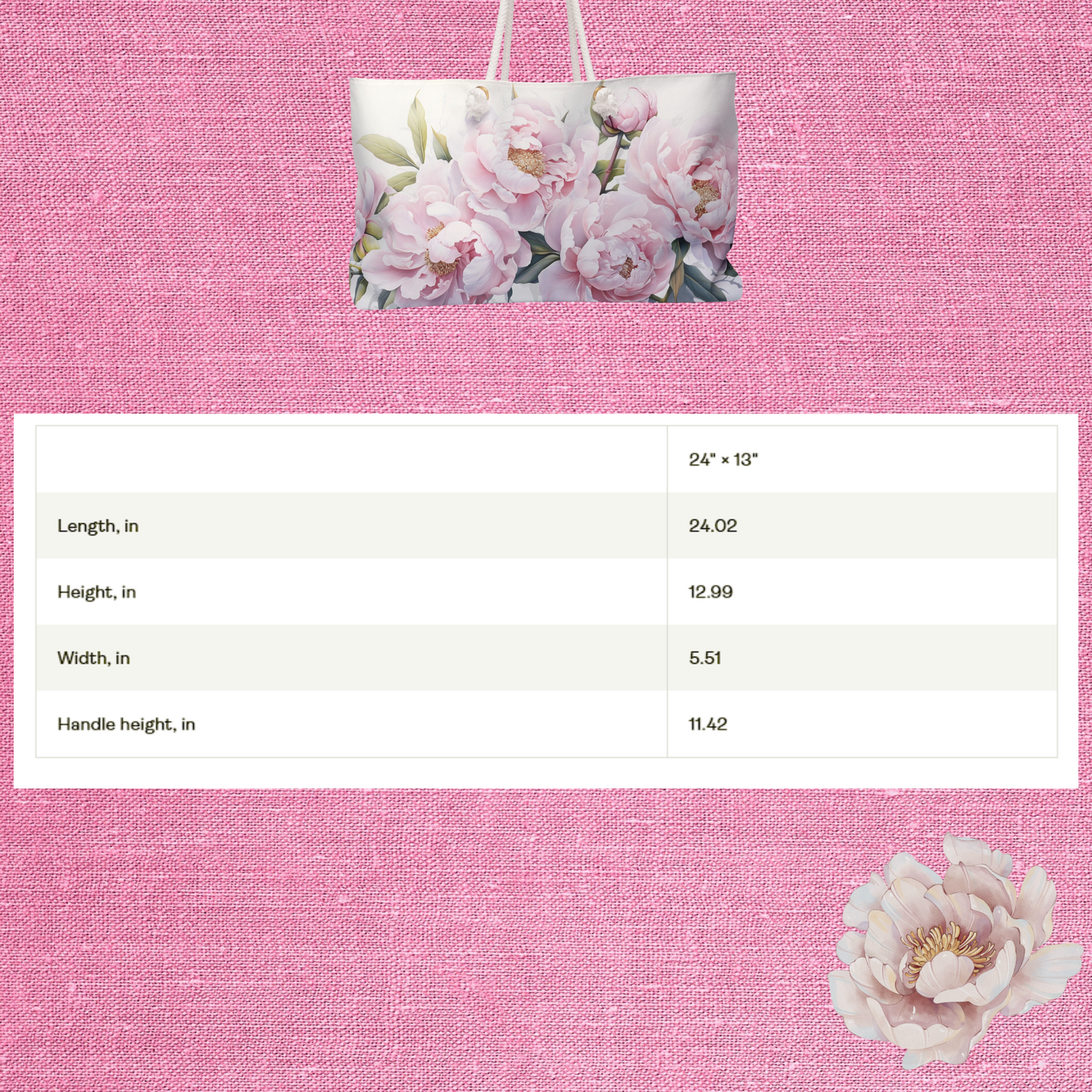 Large Floral Weekender Bag, Shoulder Bag for Women, Summer Travel Tote, Gift for Her Shopping Tote Bag with Pink Peonies Beach Bag for Bride