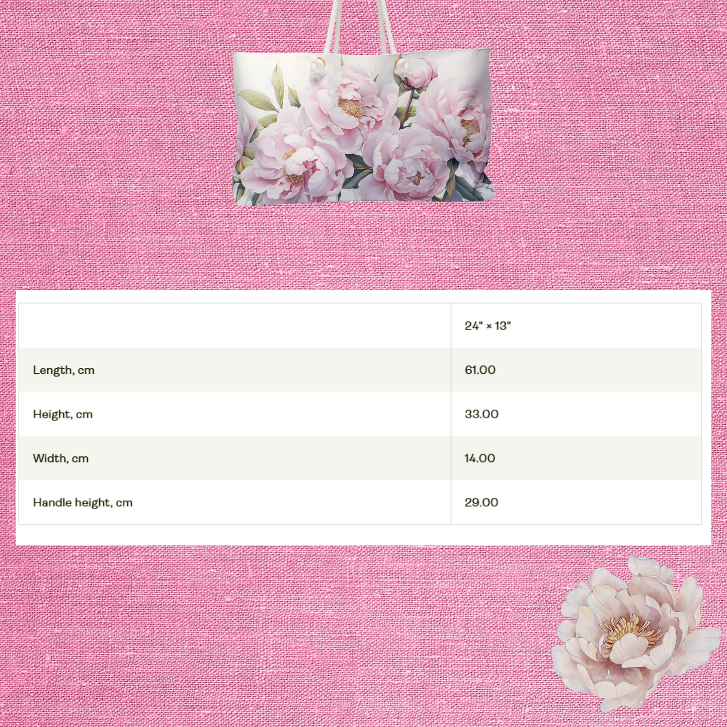 Large Floral Weekender Bag, Shoulder Bag for Women, Summer Travel Tote, Gift for Her Shopping Tote Bag with Pink Peonies Beach Bag for Bride
