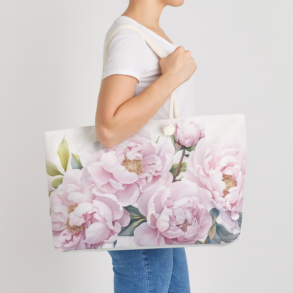 Large Floral Weekender Bag, Shoulder Bag for Women, Summer Travel Tote, Gift for Her Shopping Tote Bag with Pink Peonies Beach Bag for Bride