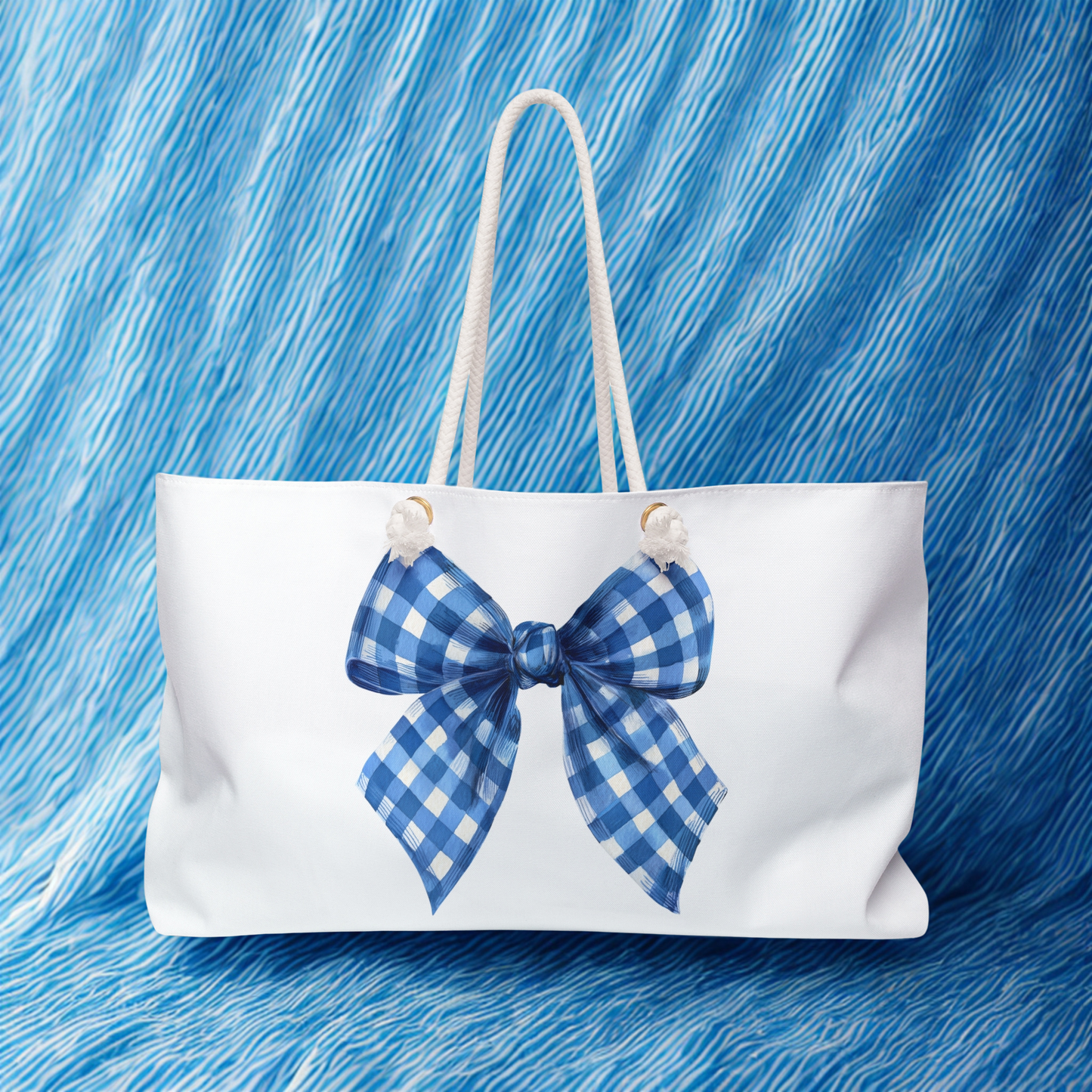Chic Blue Gingham Bow Weekender Bag, Stylish Shoulder Bag, Perfect for Weekend Beach Gift for Wife, Gym Tote Bag